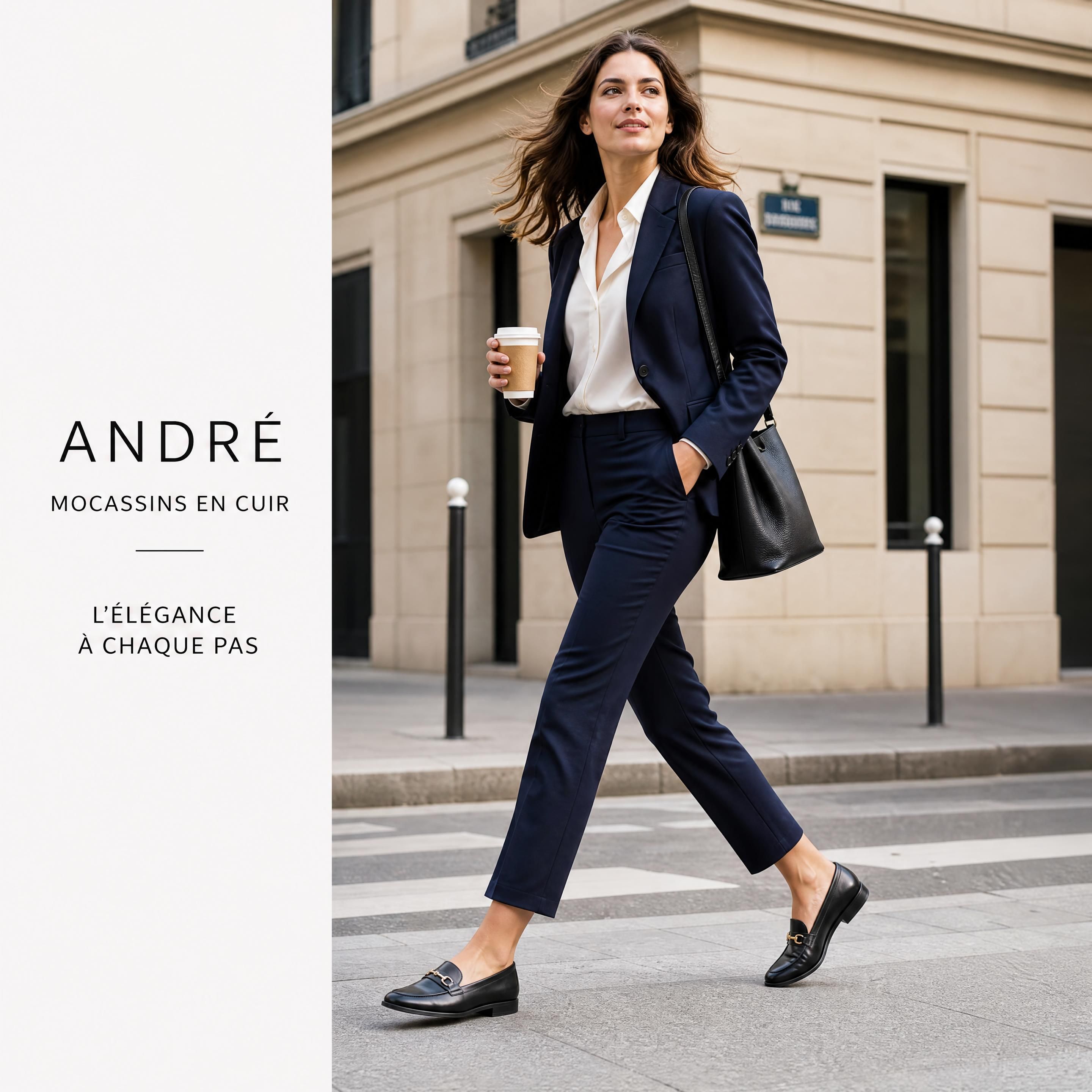 Une femme active urbaine marchant d'un pas dynamique dans la rue, portant des mocassins en cuir élégants André et un pantalon de tailleur moderne