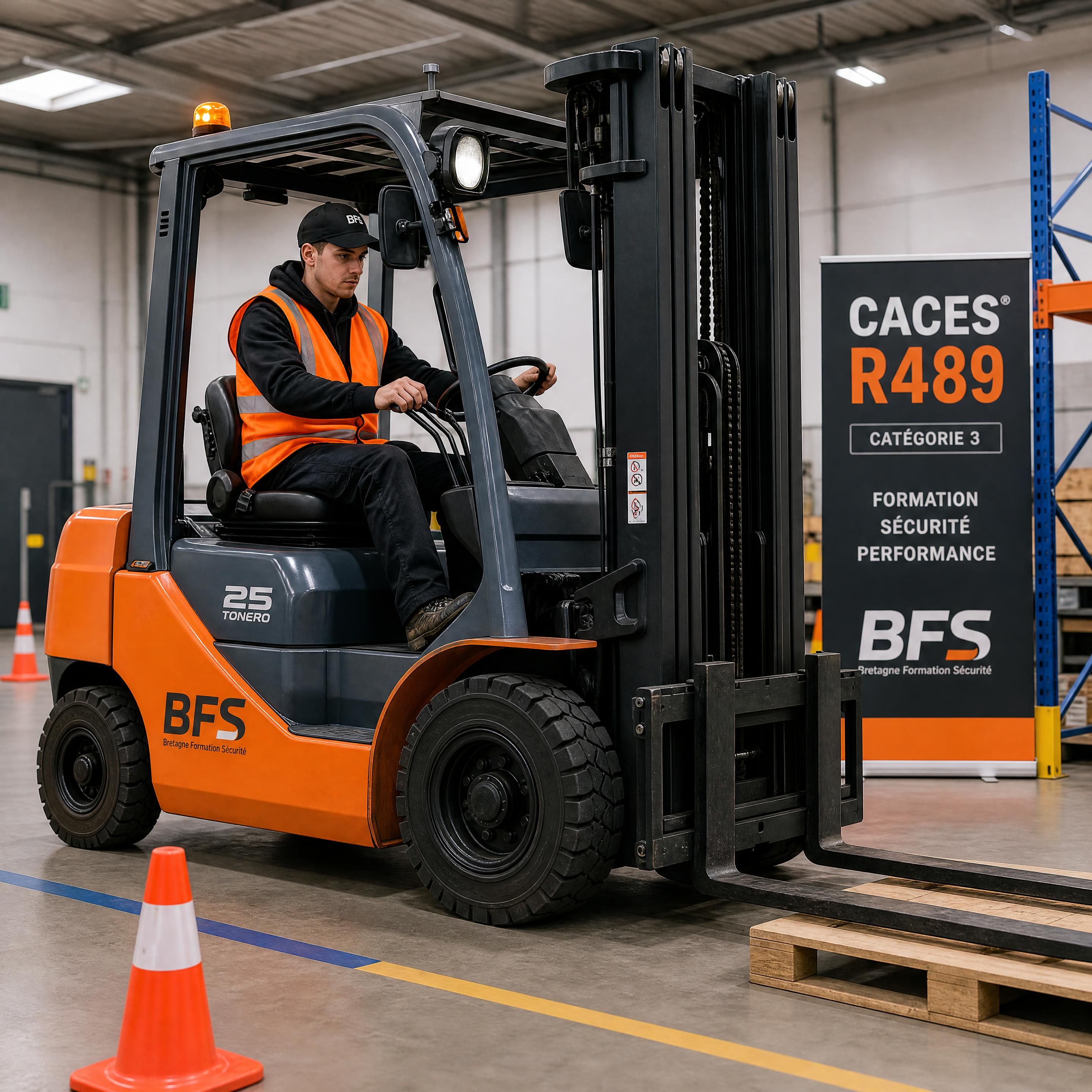 Stagiaire en situation réelle sur un chariot élévateur CACES R489 sur le plateau technique de BFS