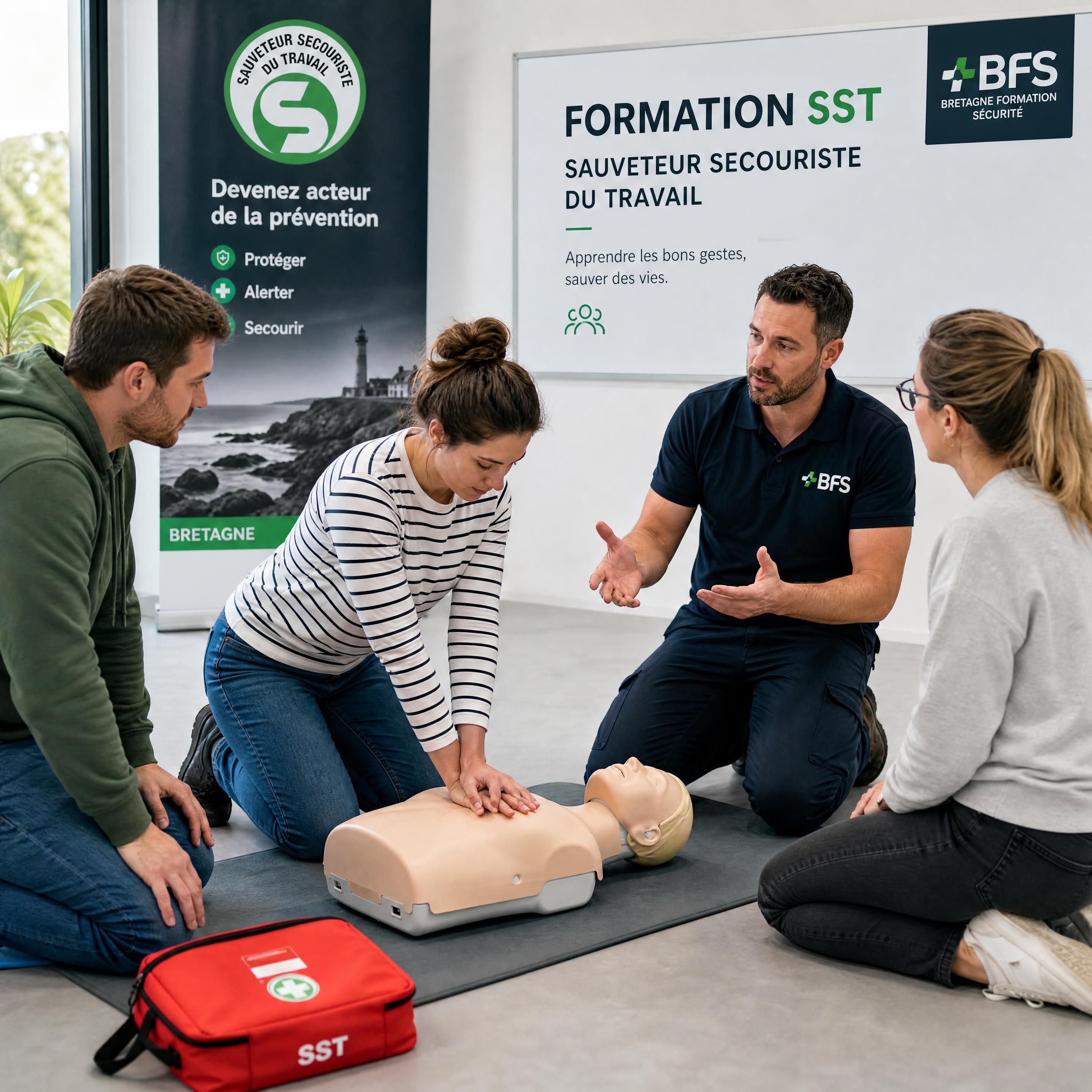Séance de formation SST pratique avec des stagiaires encadrés par un formateur BFS en Bretagne