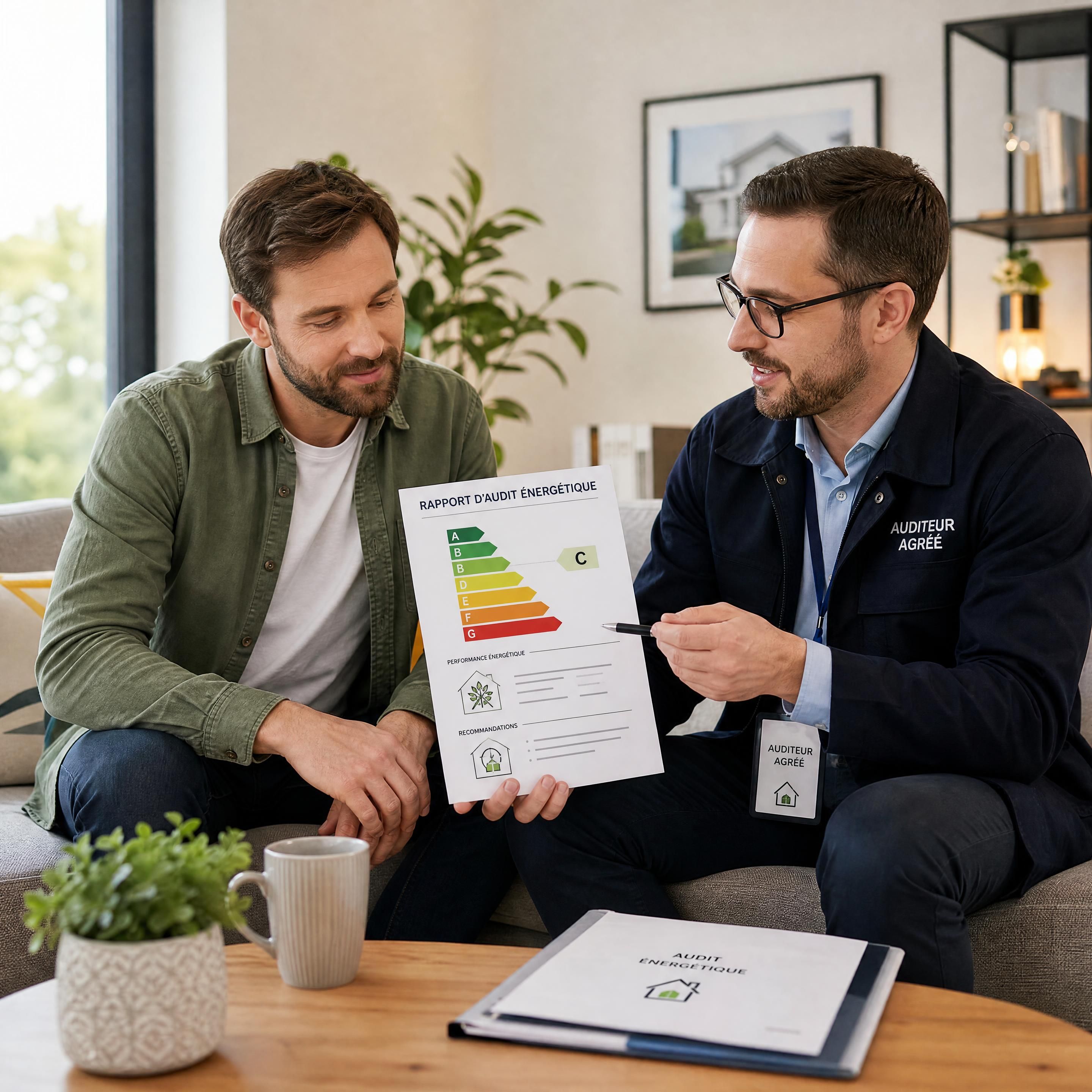 Propriétaire consultant un rapport d'audit énergétique avec un auditeur agréé dans un salon moderne