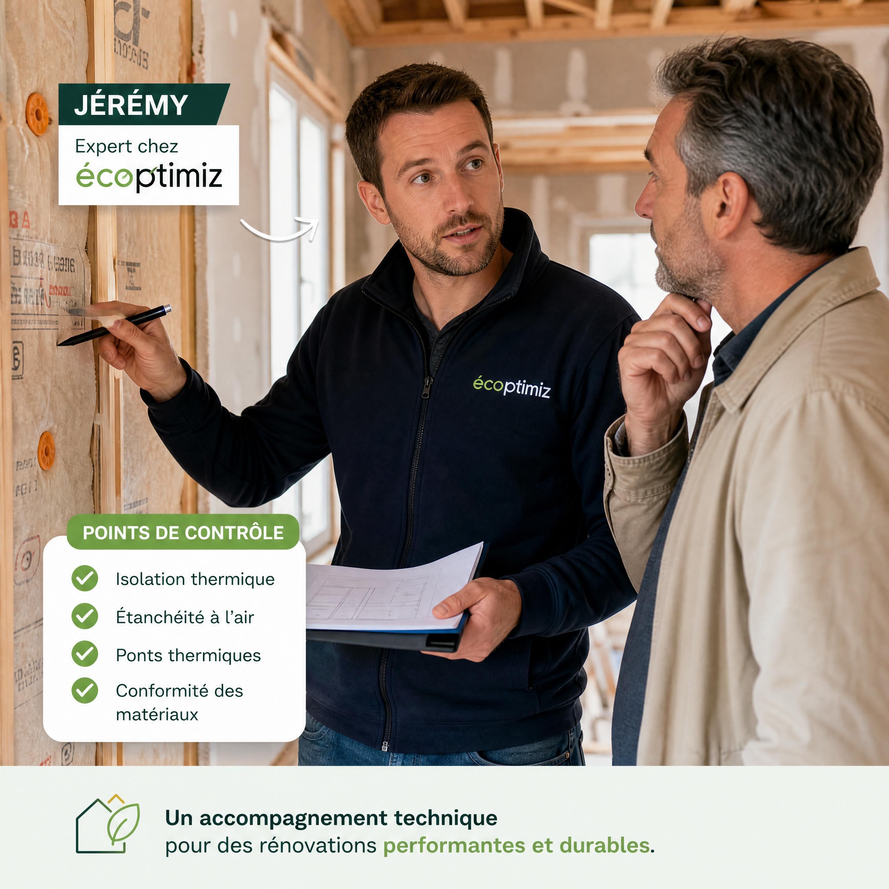 Jérémy, expert chez Ecoptimiz, en situation d'accompagnement travaux sur un chantier de rénovation expliquant les points de contrôle technique à un client
