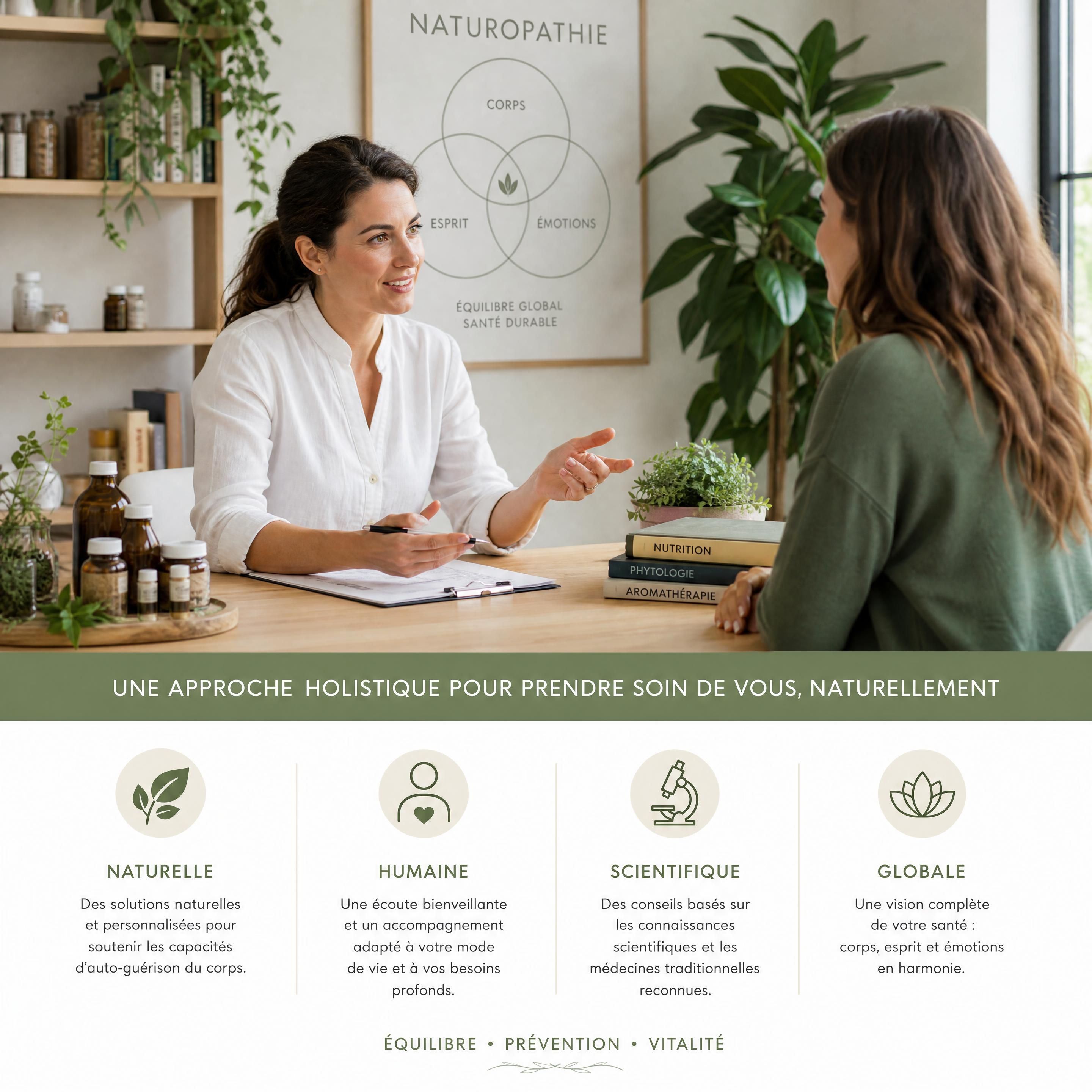 Un naturopathe professionnel en consultation avec un client, illustrant l'approche holistique, humaine et scientifique de la santé naturelle