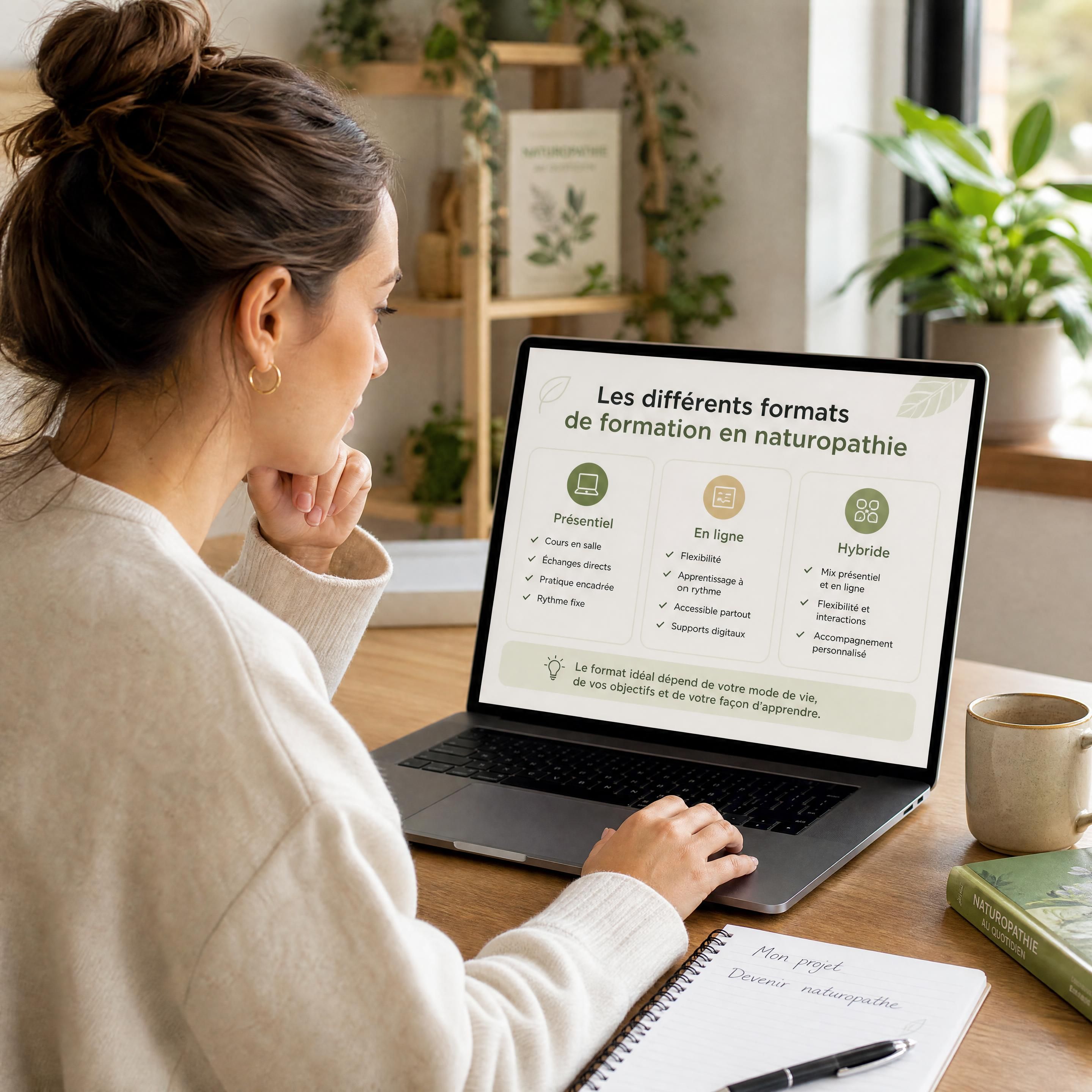 Une future étudiante en reconversion professionnelle analysant les différents formats de formation en naturopathie sur son ordinateur