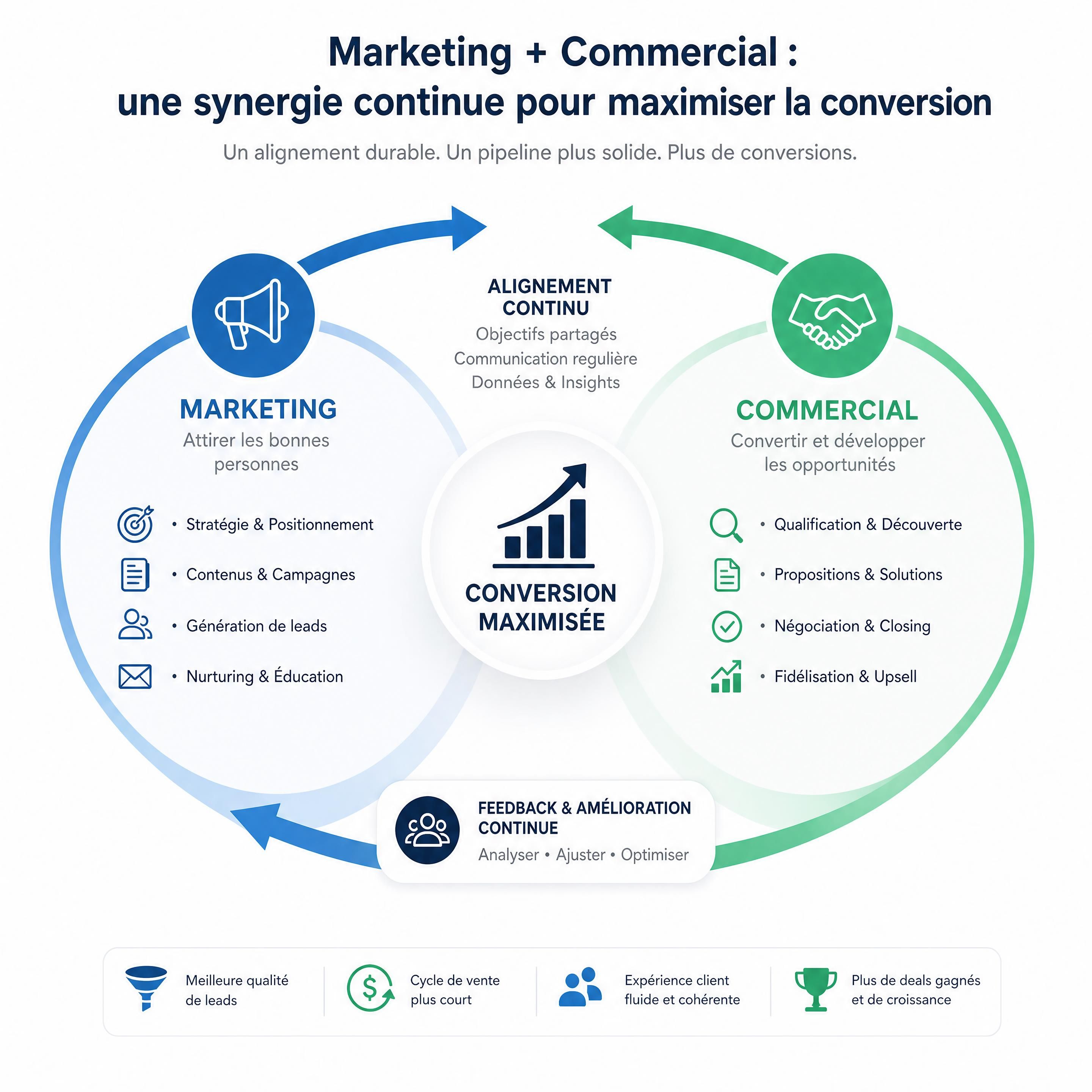Schéma montrant la synergie et l'alignement continu entre les équipes marketing et commerciales pour maximiser la conversion