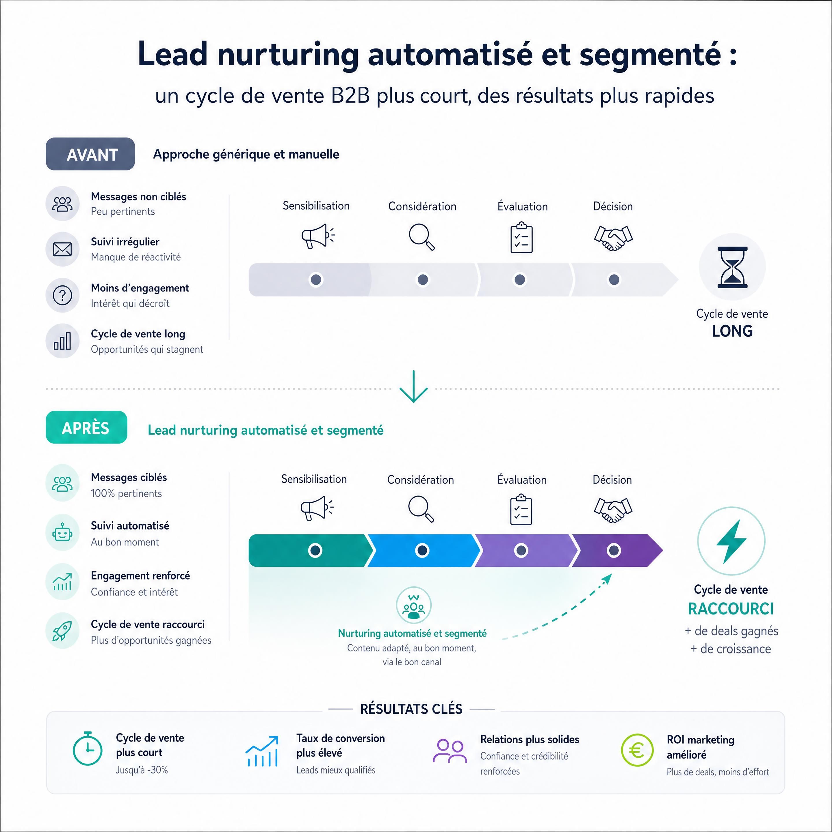 Graphique illustrant l'impact du lead nurturing automatisé et segmenté sur le raccourcissement du cycle de vente B2B