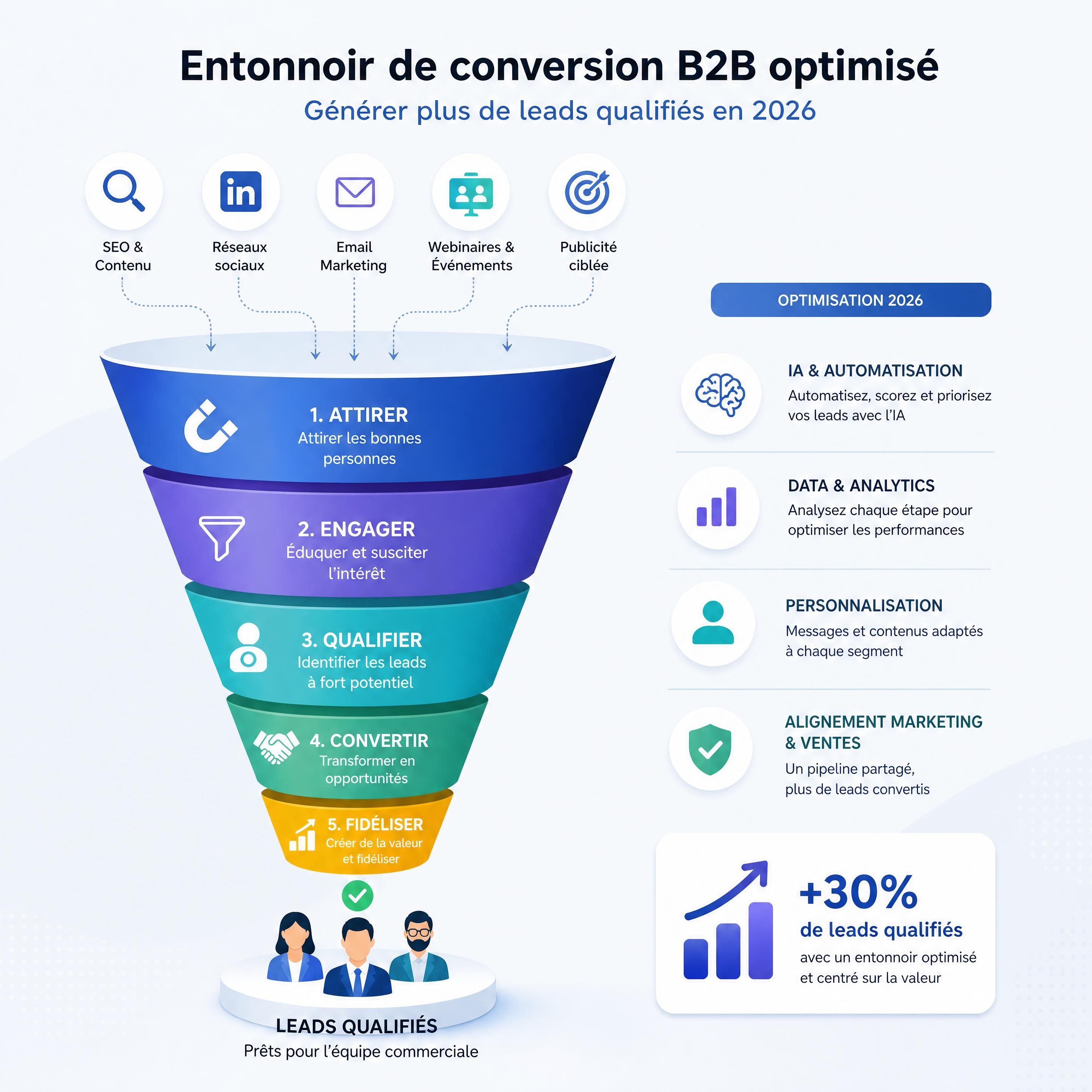 Illustration conceptuelle montrant un entonnoir de conversion marketing B2B optimisé pour la génération de leads qualifiés en 2026