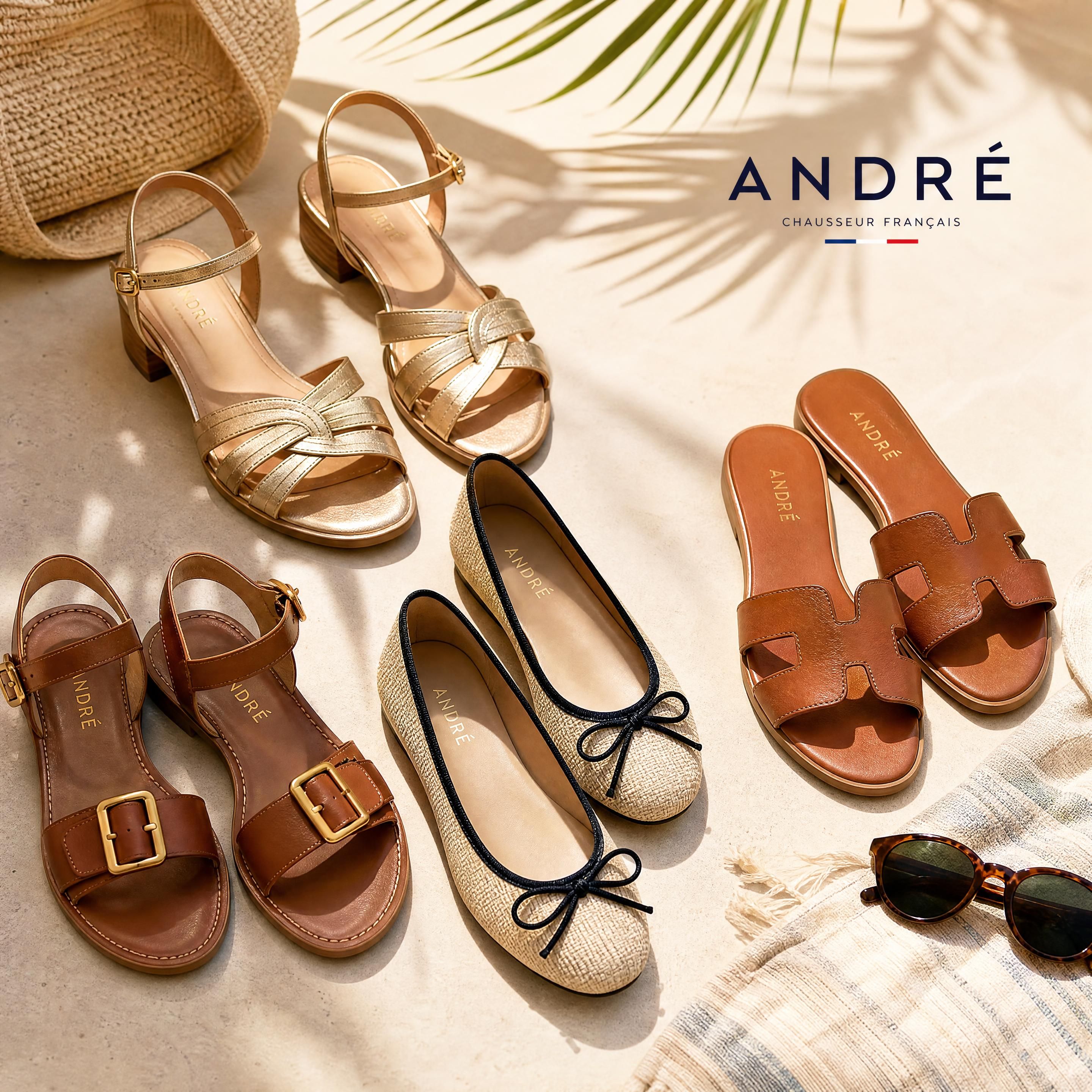 Une sélection de chaussures été tendance posées sur un fond ensoleillé, mettant en valeur des ballerines élégantes et des sandales en cuir André