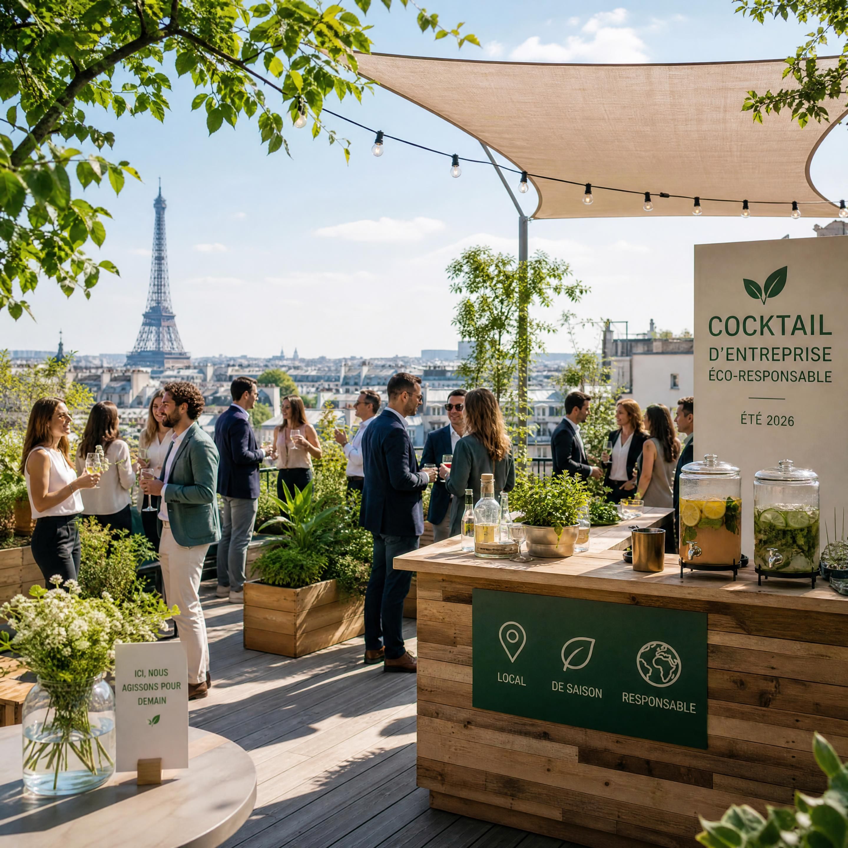 Un cocktail d'entreprise éco-responsable organisé sur un rooftop ombragé à Paris lors de l'été 2026