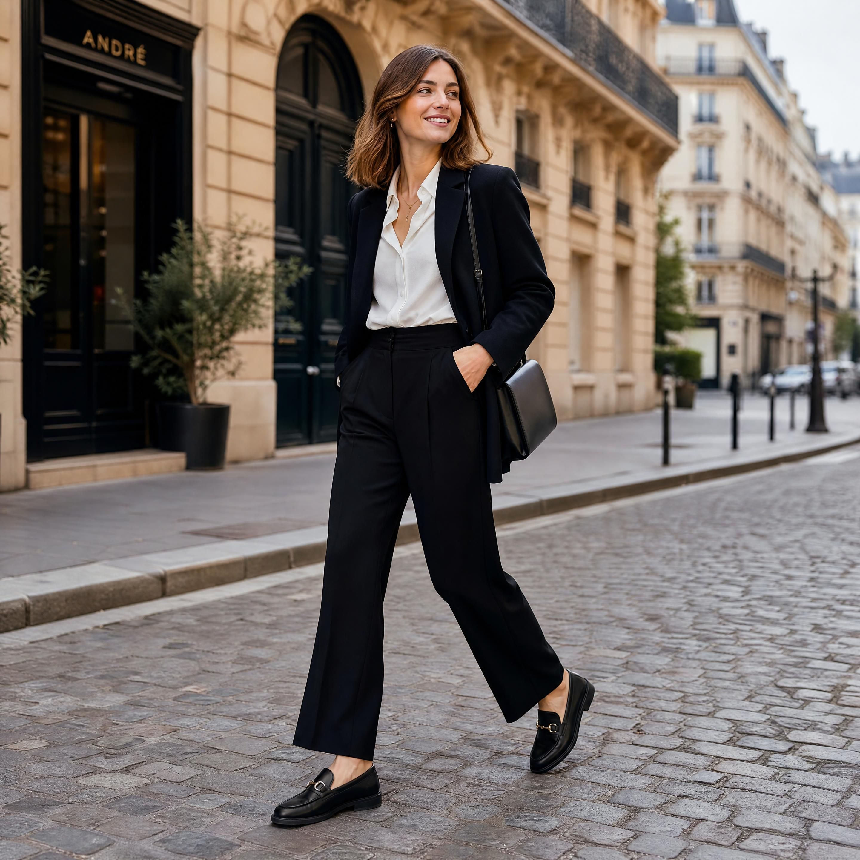 Une femme active urbaine élégante portant des mocassins noirs en cuir de qualité André et un pantalon de tailleur fluide dans une rue pavée parisienne