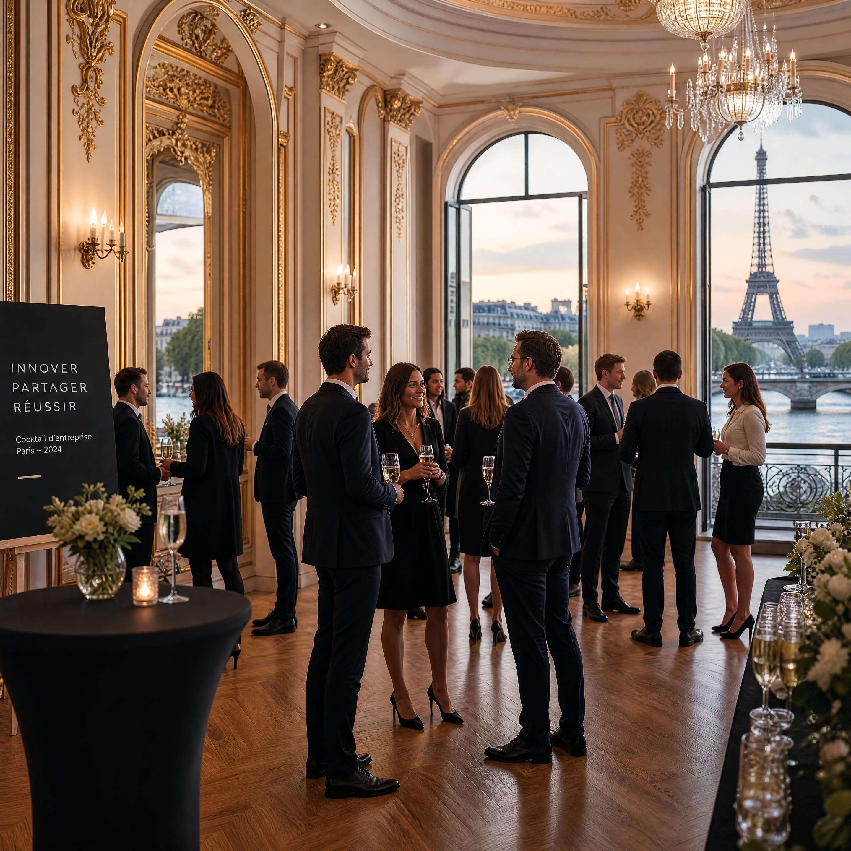 Un cocktail d'entreprise élégant organisé dans l'une des plus belles salles à Paris avec vue sur la Seine