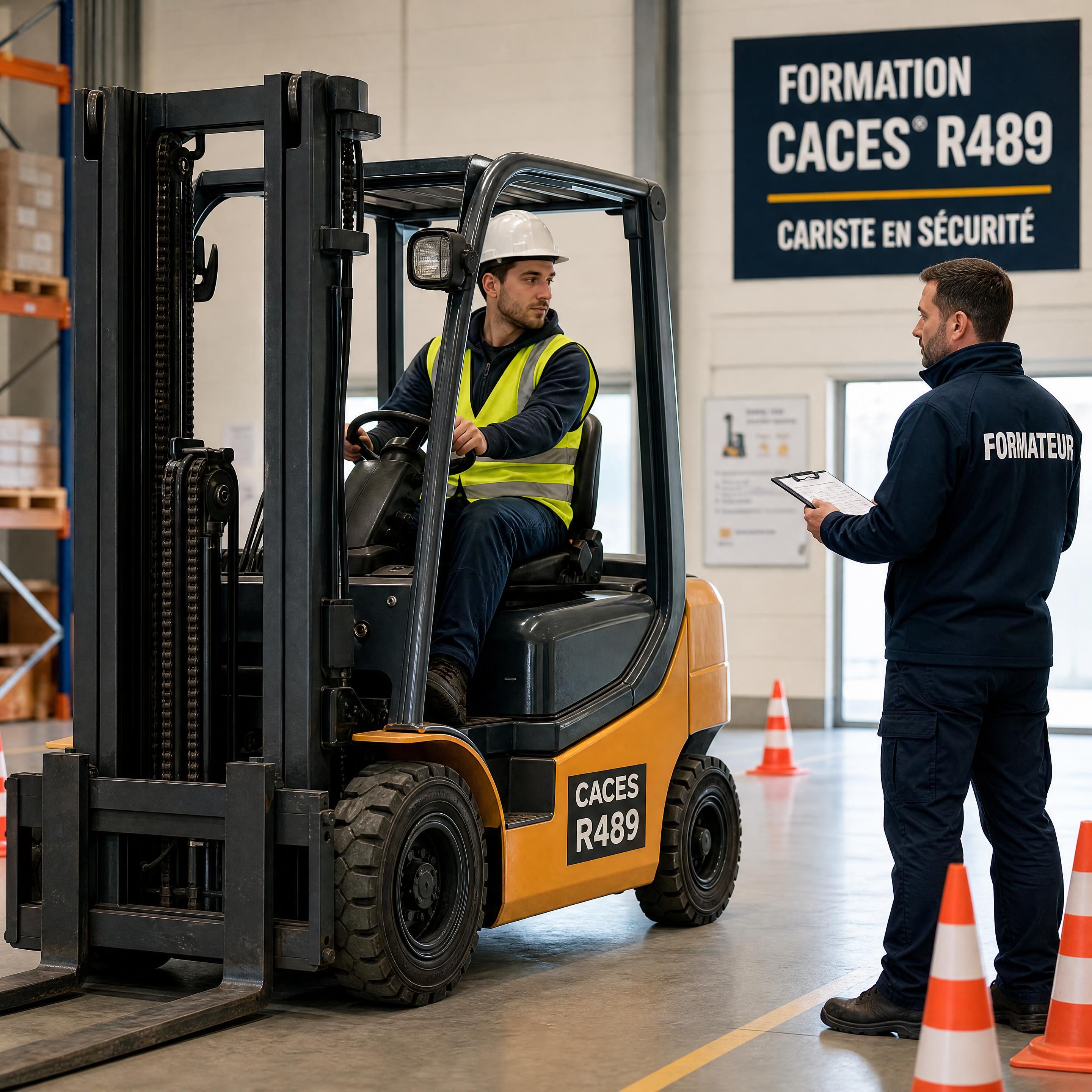 Stagiaire en cours de formation pratique CACES R489 sur un chariot élévateur