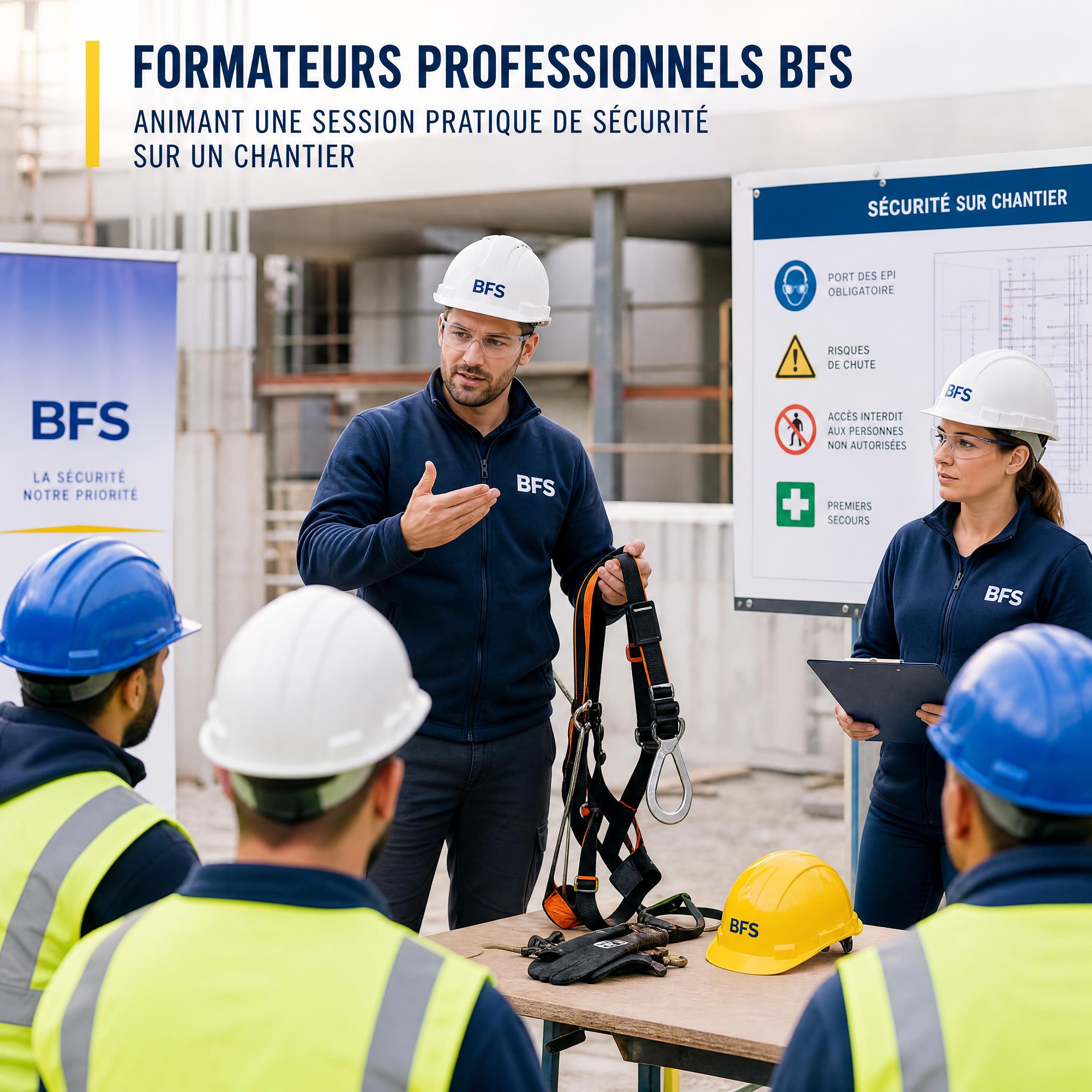 Formateurs professionnels BFS animant une session pratique de sécurité sur un chantier