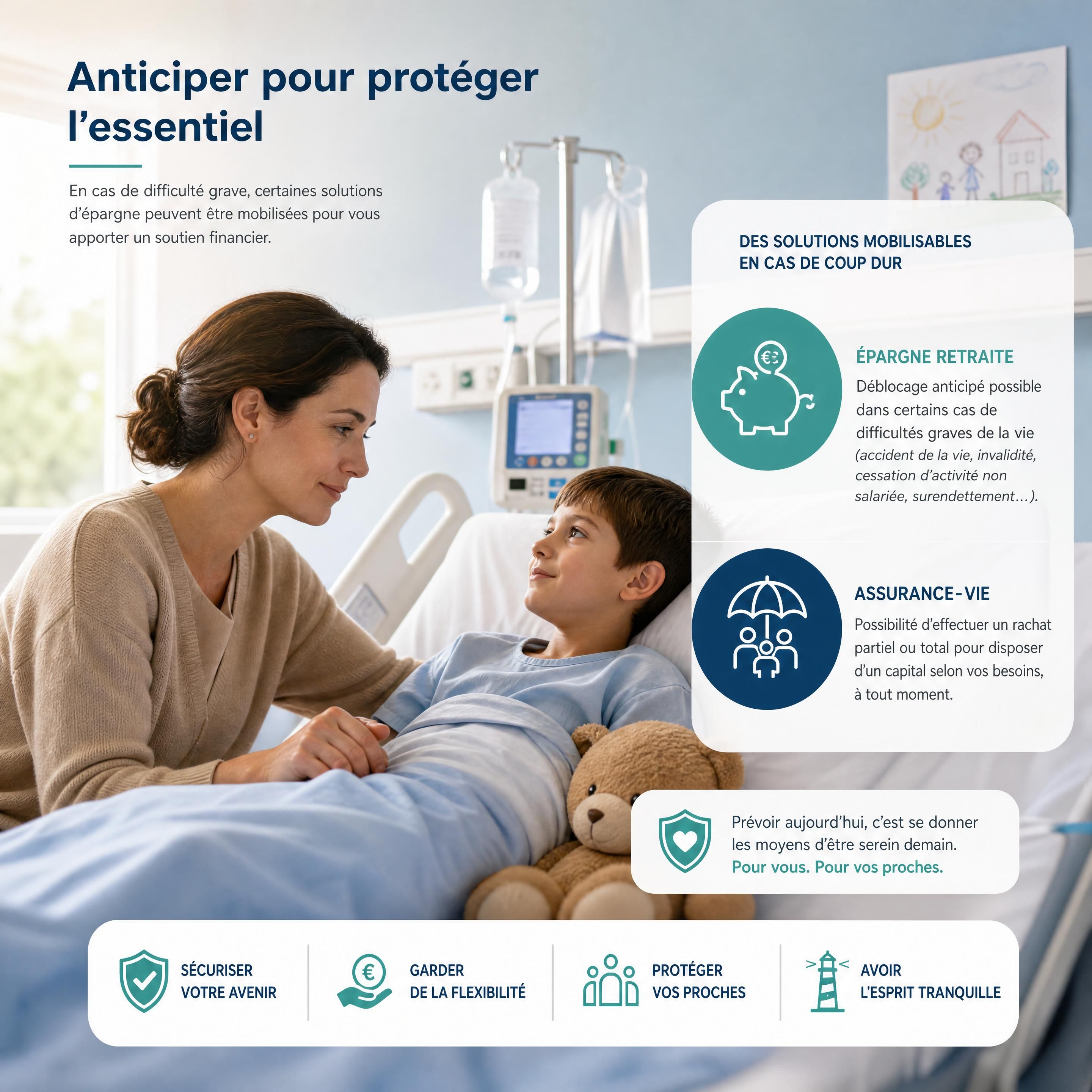 Parent accompagnant un enfant hospitalisé, illustration des solutions d’épargne retraite et d’assurance-vie mobilisables en cas de difficulté grave