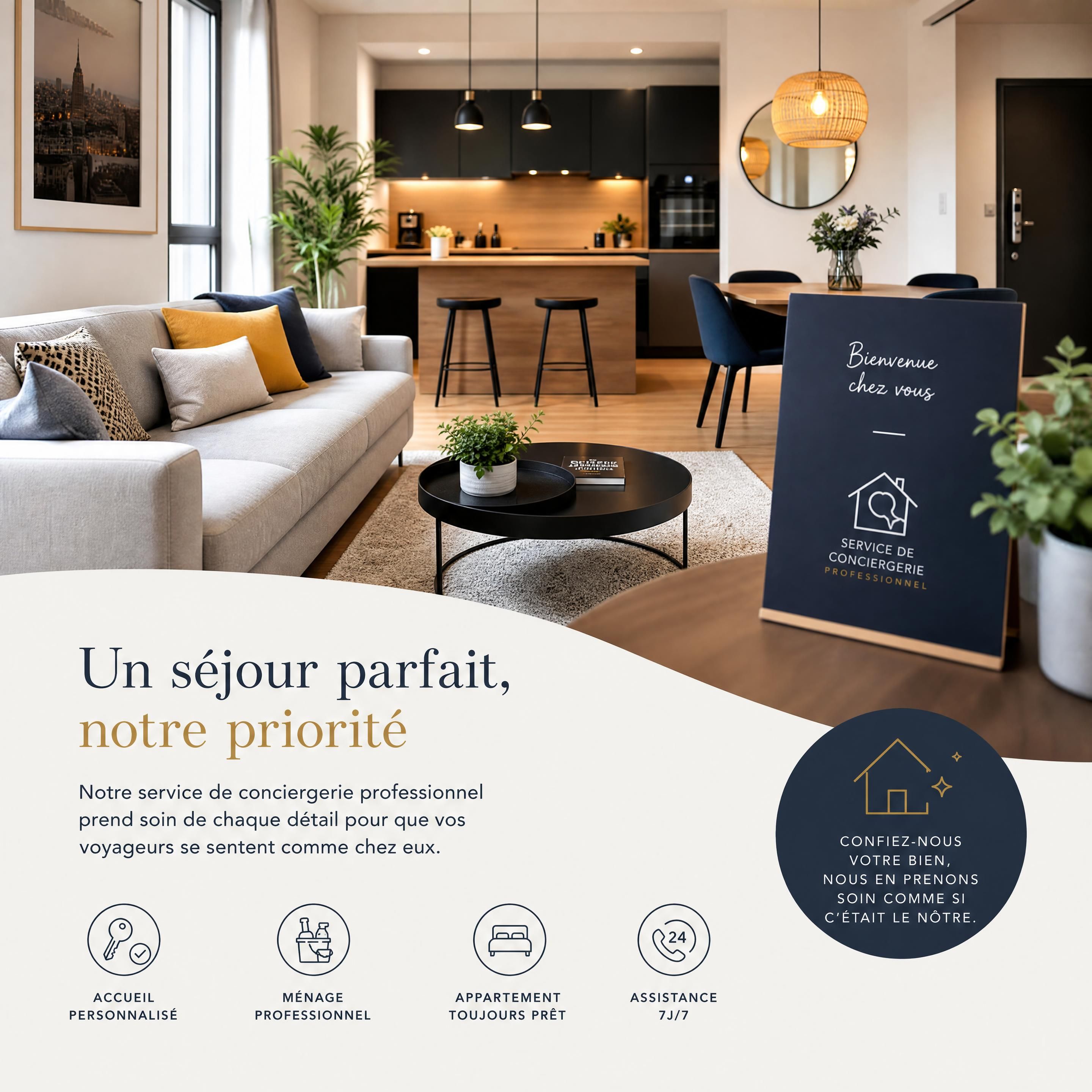 Un appartement moderne, chaleureux et parfaitement rangé, géré par un service de conciergerie professionnel pour offrir un séjour inoubliable