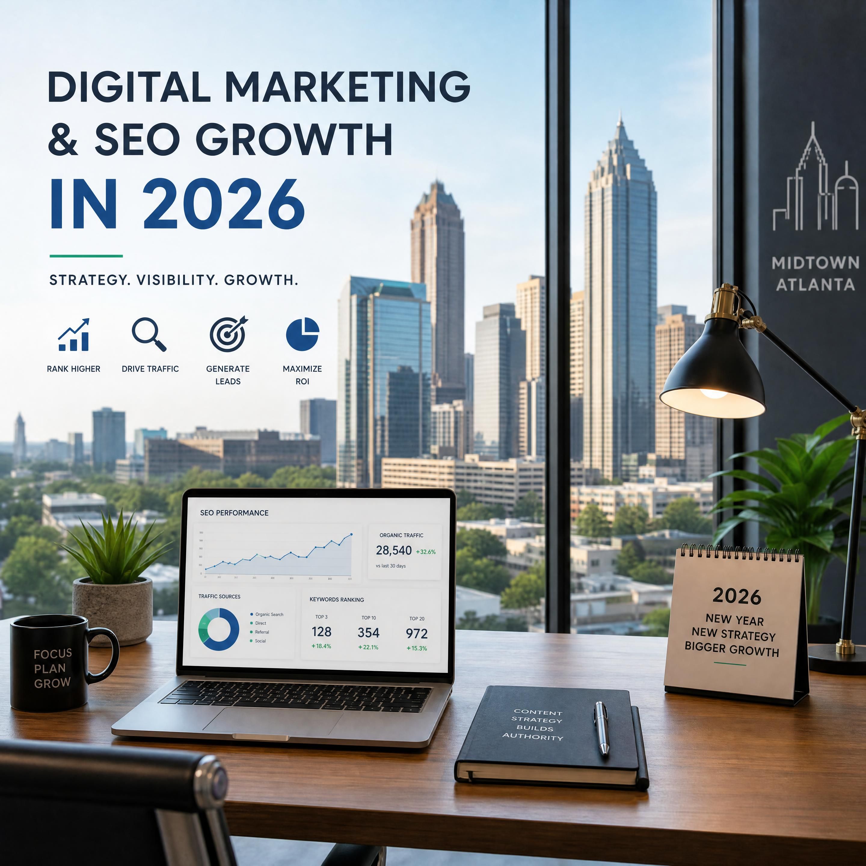 A modern workspace in Midtown Atlanta overlooking the city skyline, symbolizing digital marketing and SEO growth in 2026