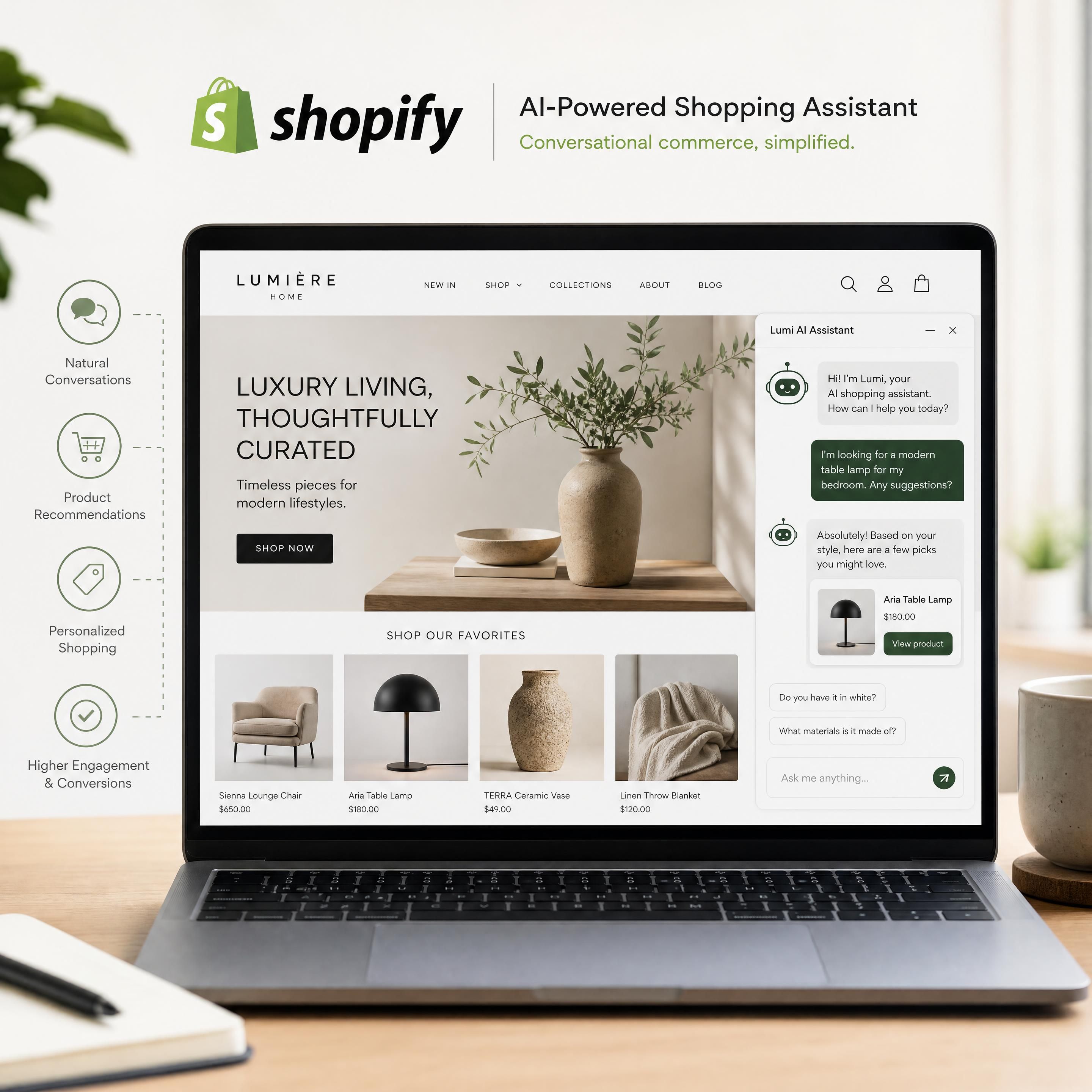 A laptop screen showcasing a Shopify store integrated with an intelligent AI chatbot, illustrating conversational commerce in action