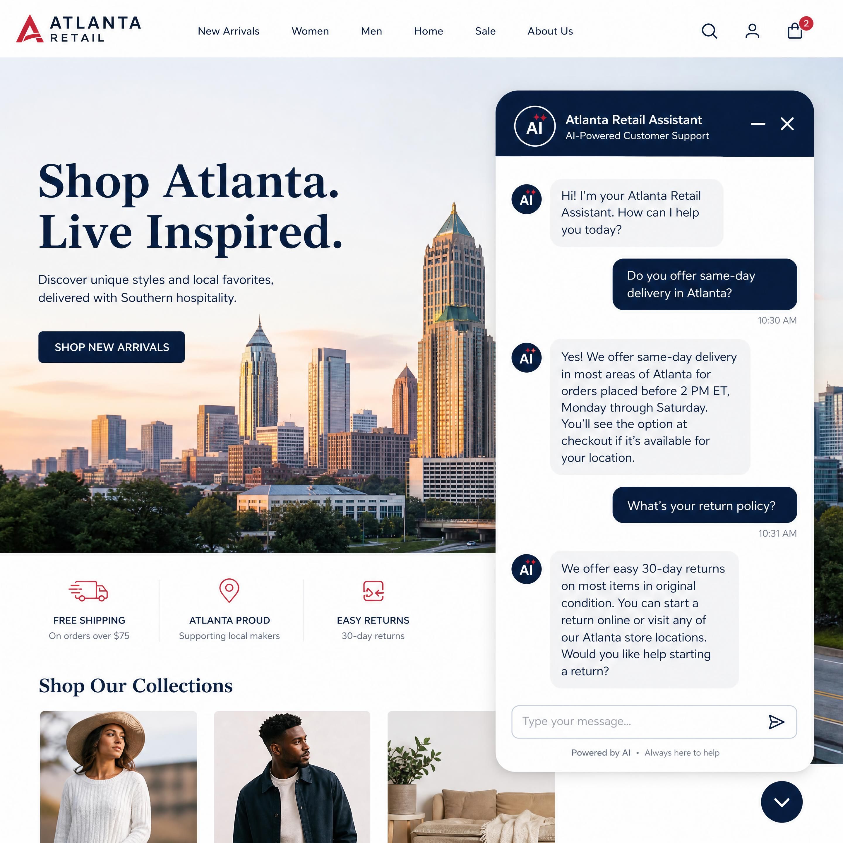 An automated AI chatbot interface on an Atlanta retail website answering customer queries
