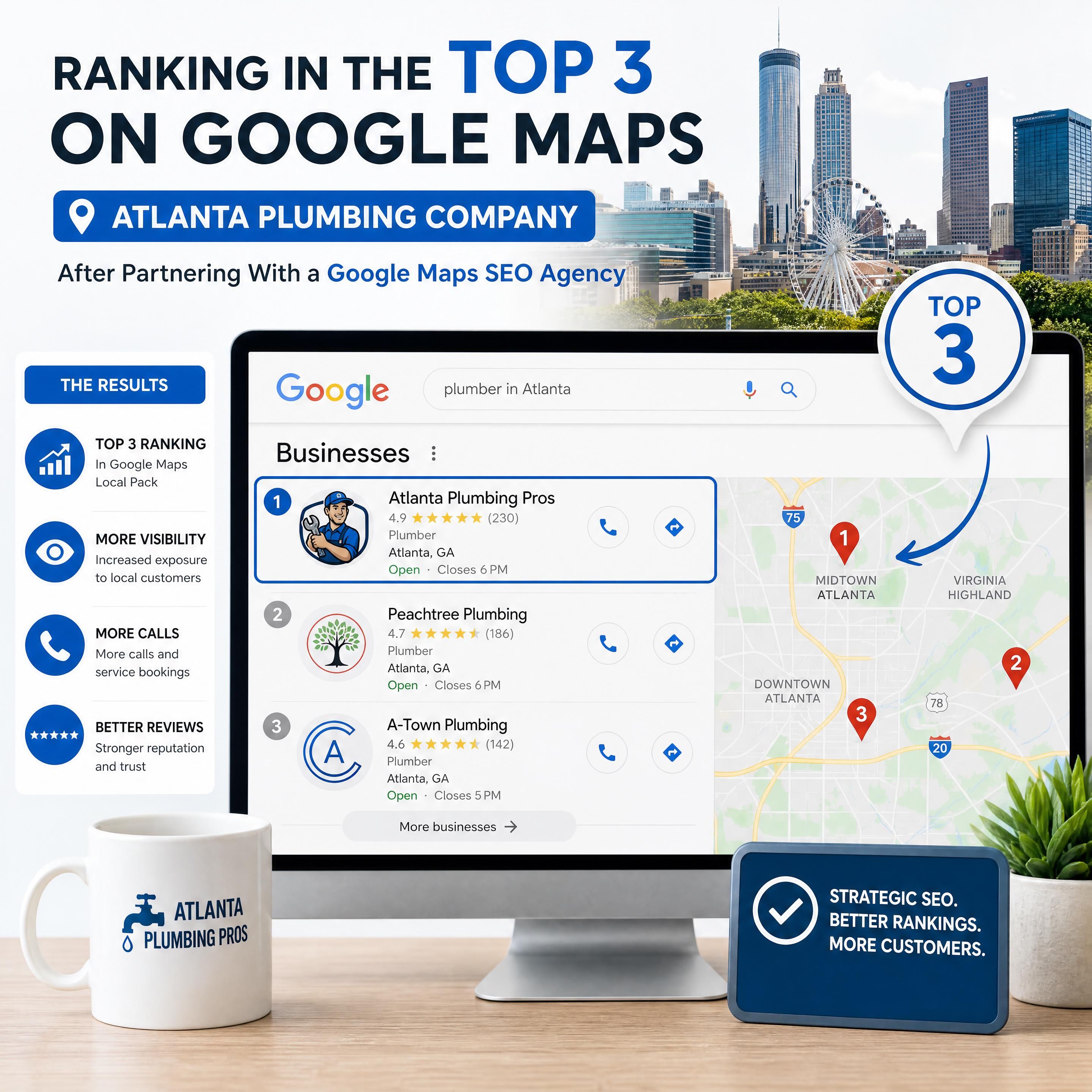 A dashboard showing a local Atlanta plumbing company ranking in the top 3 of Google Maps local pack after hiring a Google Maps SEO agency