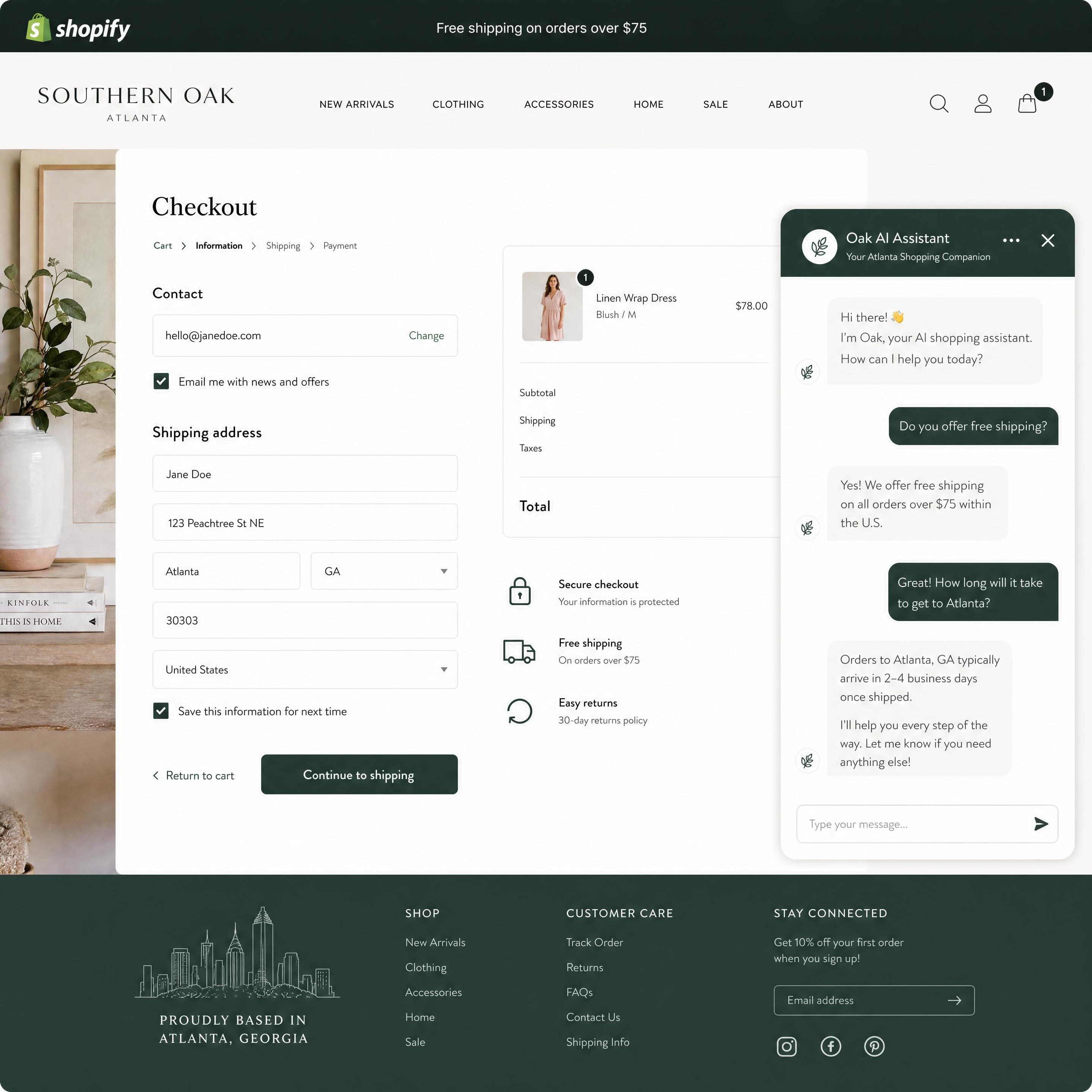 An interactive AI chatbot interface on a Shopify website for an Atlanta e-commerce boutique helping a customer with checkout