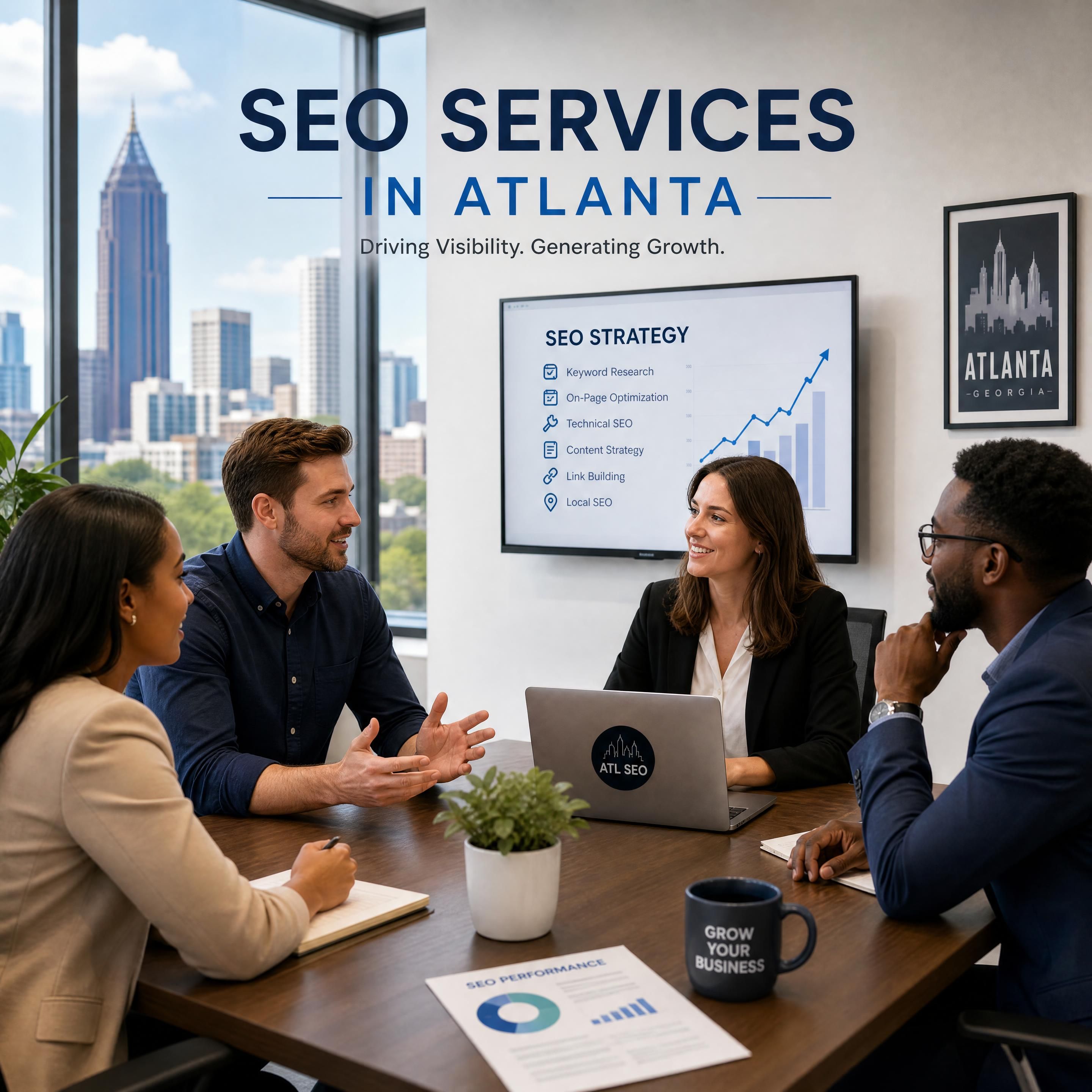 A professional team discussing SEO services in Atlanta around a conference table