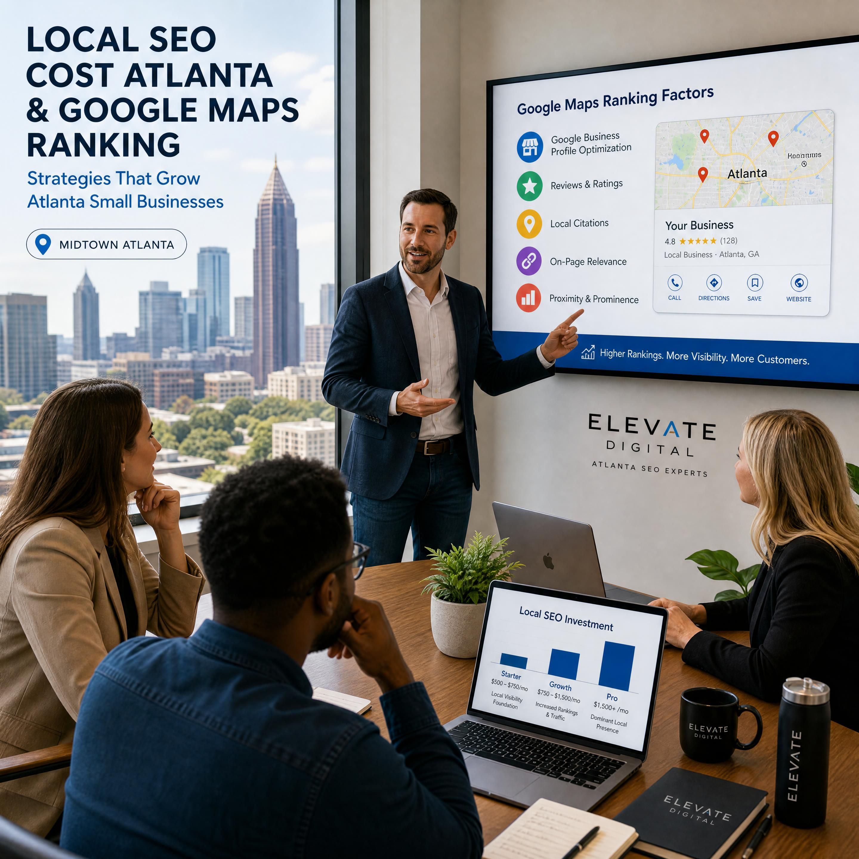 A professional digital marketing agency meeting in Midtown Atlanta discussing local SEO cost Atlanta and Google Maps ranking strategies for small businesses