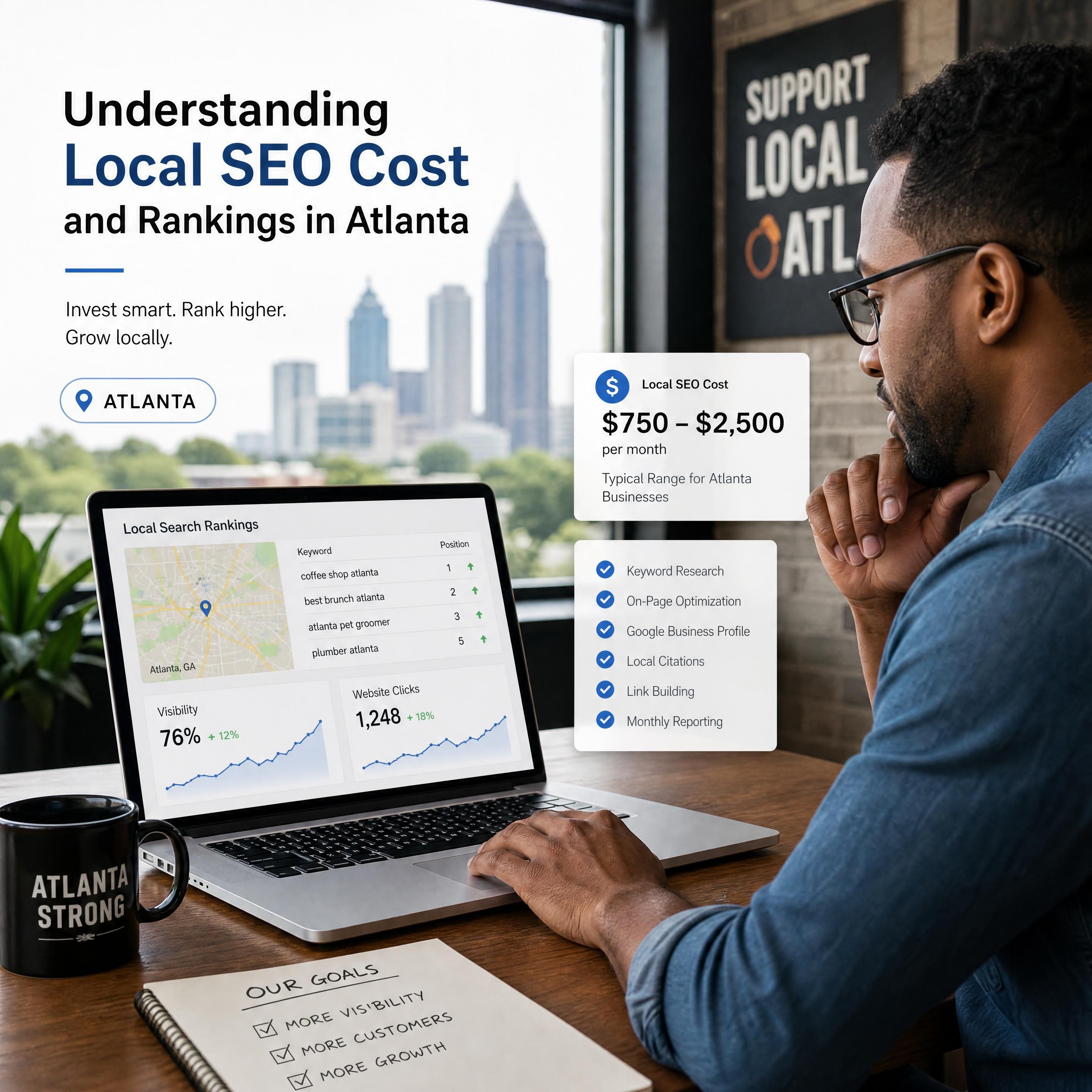 Local business owner in Atlanta analyzing local SEO cost and search rankings on a laptop