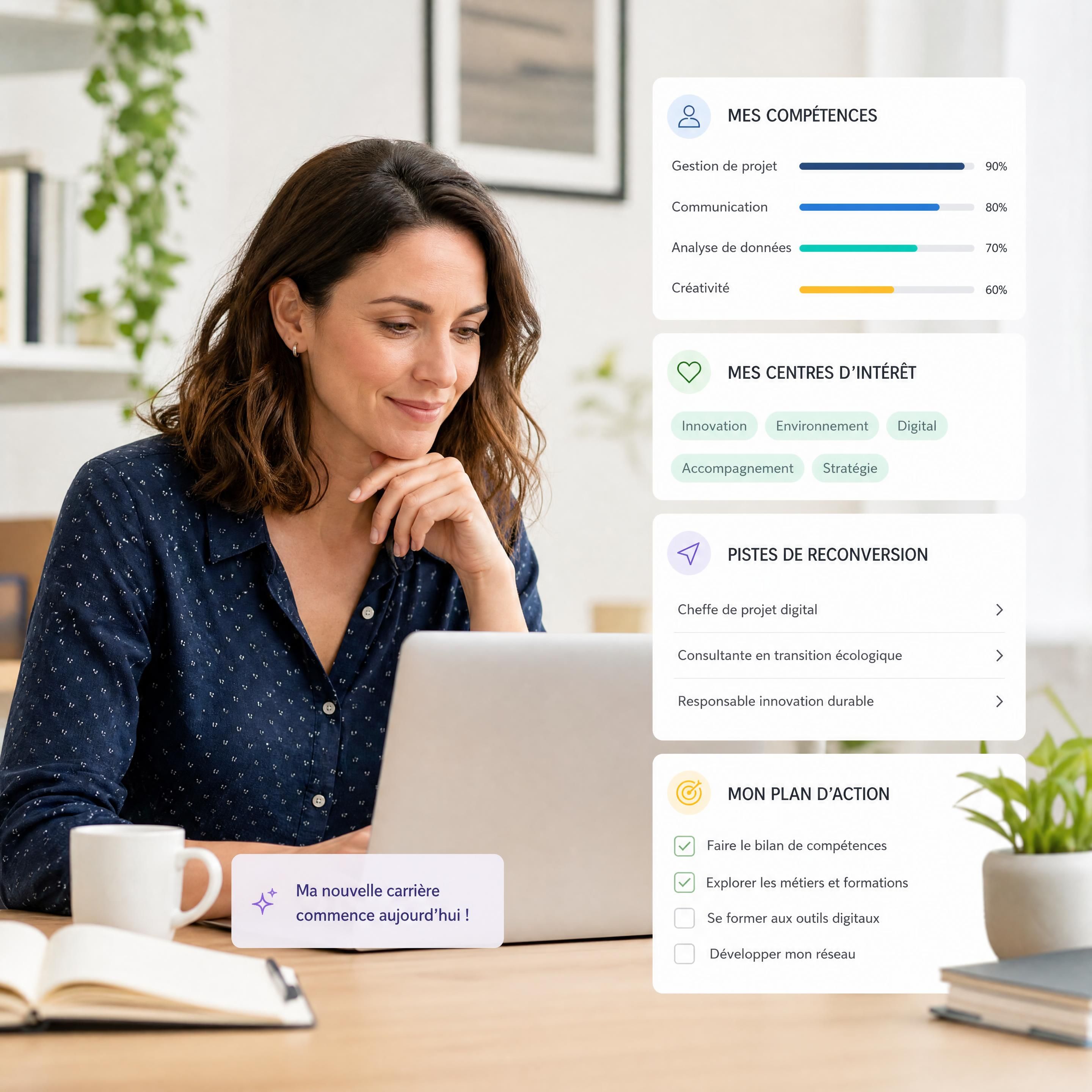 Une professionnelle sereine et épanouie devant son ordinateur portable, analysant ses compétences et planifiant sa reconversion professionnelle à l'aide d'outils numériques