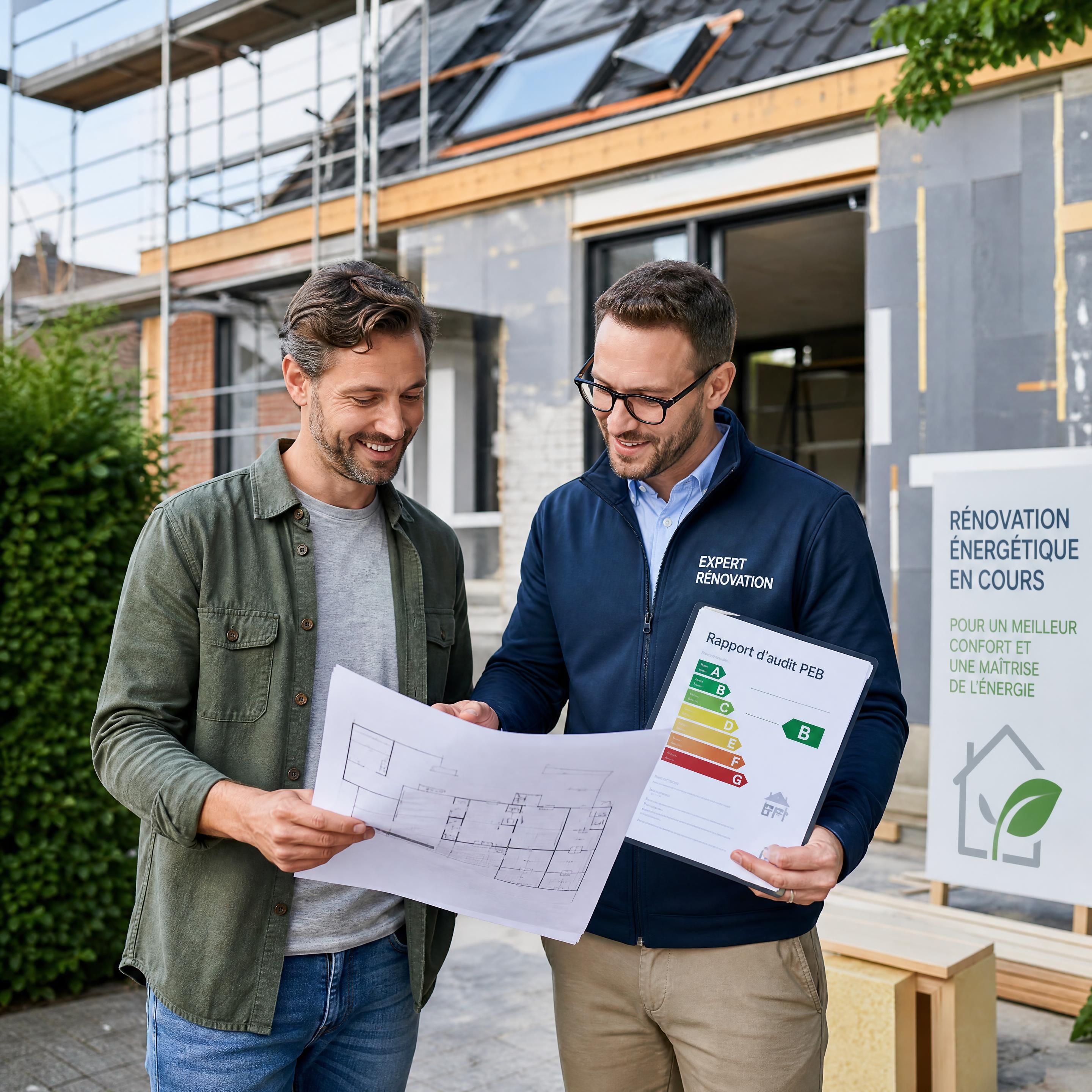 Un propriétaire serein et un expert en rénovation analysant des plans de construction et un rapport d'audit PEB devant une maison en cours de rénovation en Belgique