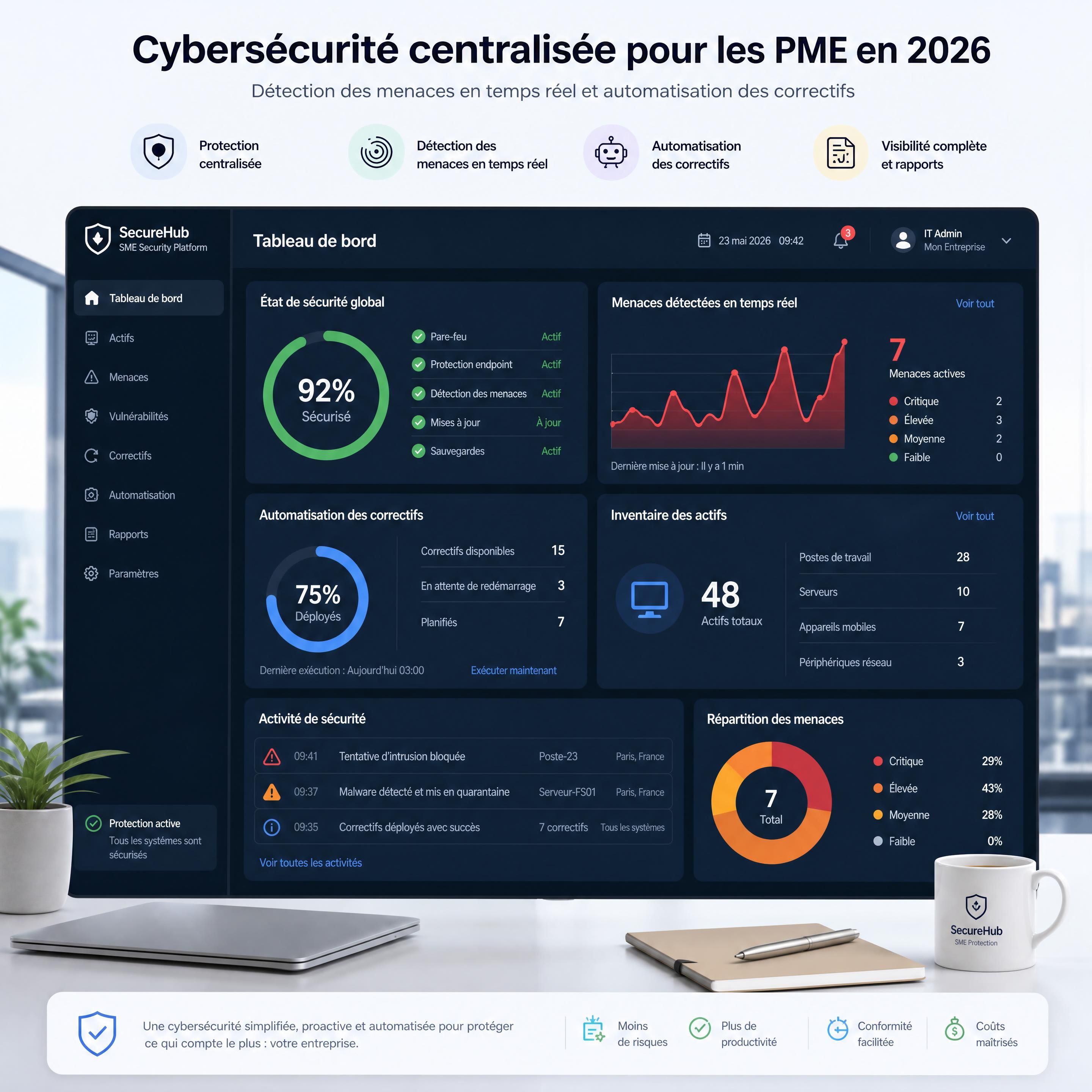 Un tableau de bord moderne de gestion de la cybersécurité centralisée montrant la détection des menaces en temps réel et l'automatisation des correctifs pour une PME en 2026