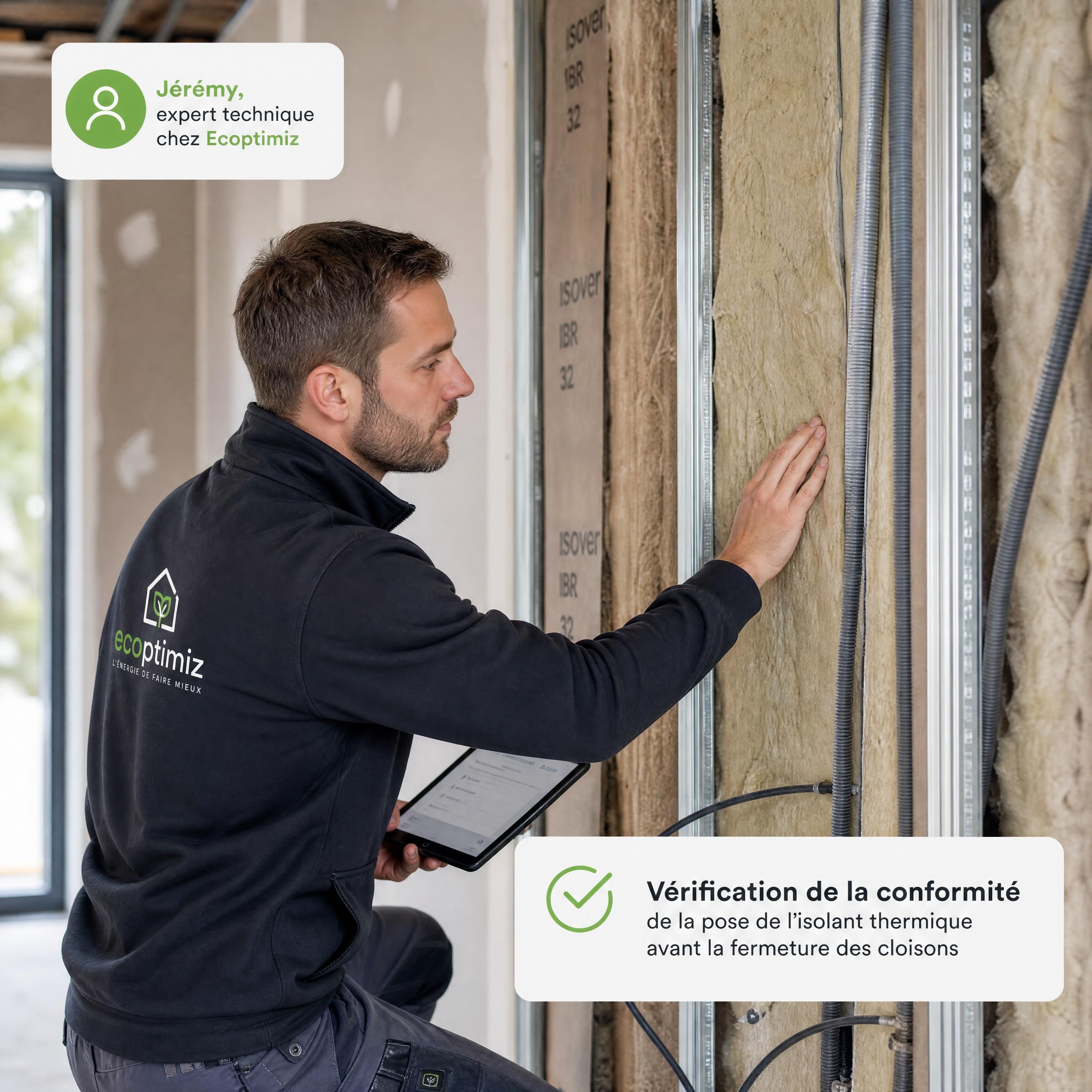 Jérémy, expert technique chez Ecoptimiz, vérifiant la conformité de la pose de l'isolant thermique avant la fermeture des cloisons sur un chantier de rén
![Jérémy, expert technique chez Ecoptimiz, vérifiant la conformité de la pose de l'isolant thermique avant la fermeture des cloisons sur un chantier de rénovation