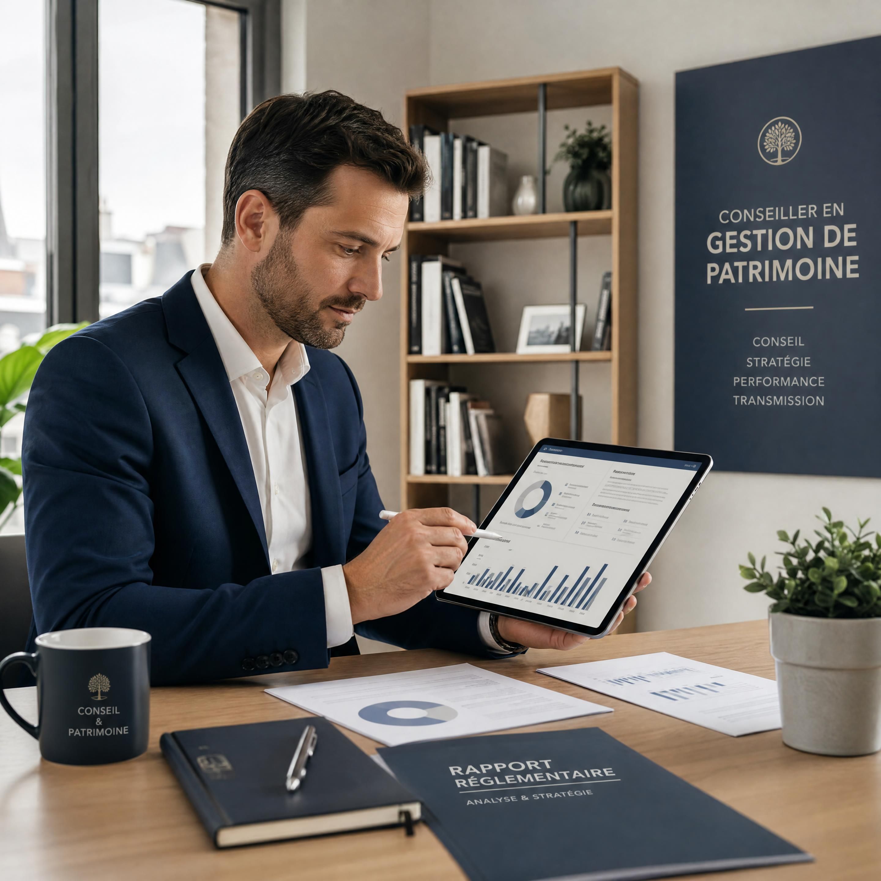 Un Conseiller en Gestion de Patrimoine analysant des rapports réglementaires et des graphiques financiers sur sa tablette dans un bureau moderne et lumineux