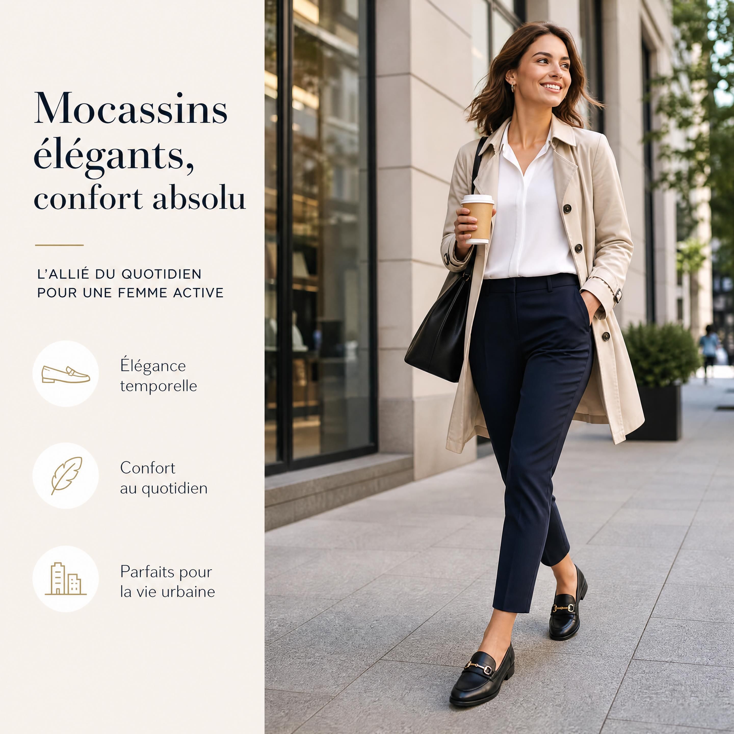 Une femme urbaine active portant des mocassins élégants et confortables dans une rue moderne