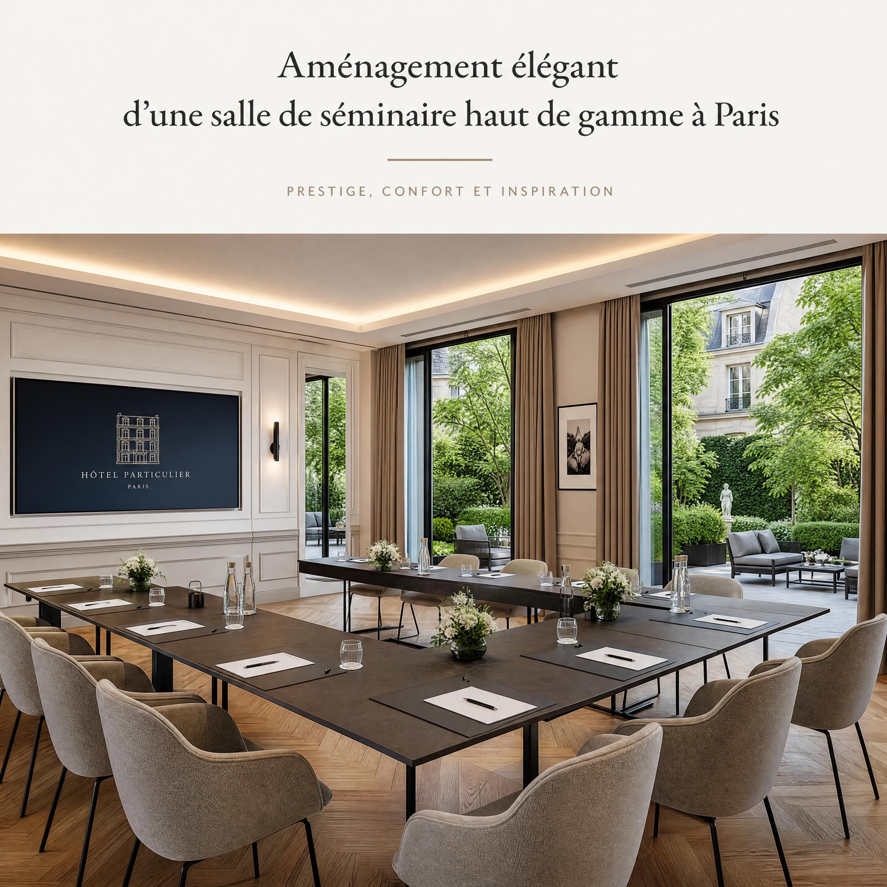 Aménagement élégant d'une salle de séminaire haut de gamme à Paris avec vue sur un jardin privé