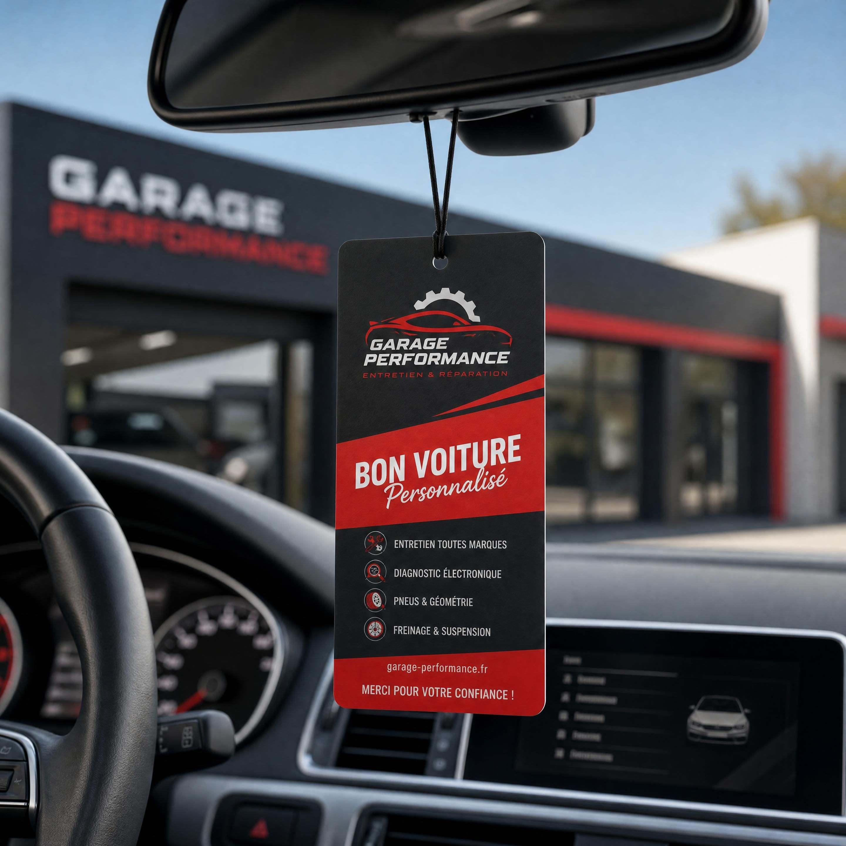Sent bon voiture personnalisé avec logo d’un garage accroché au rétroviseur intérieur, couleurs de marque visibles
