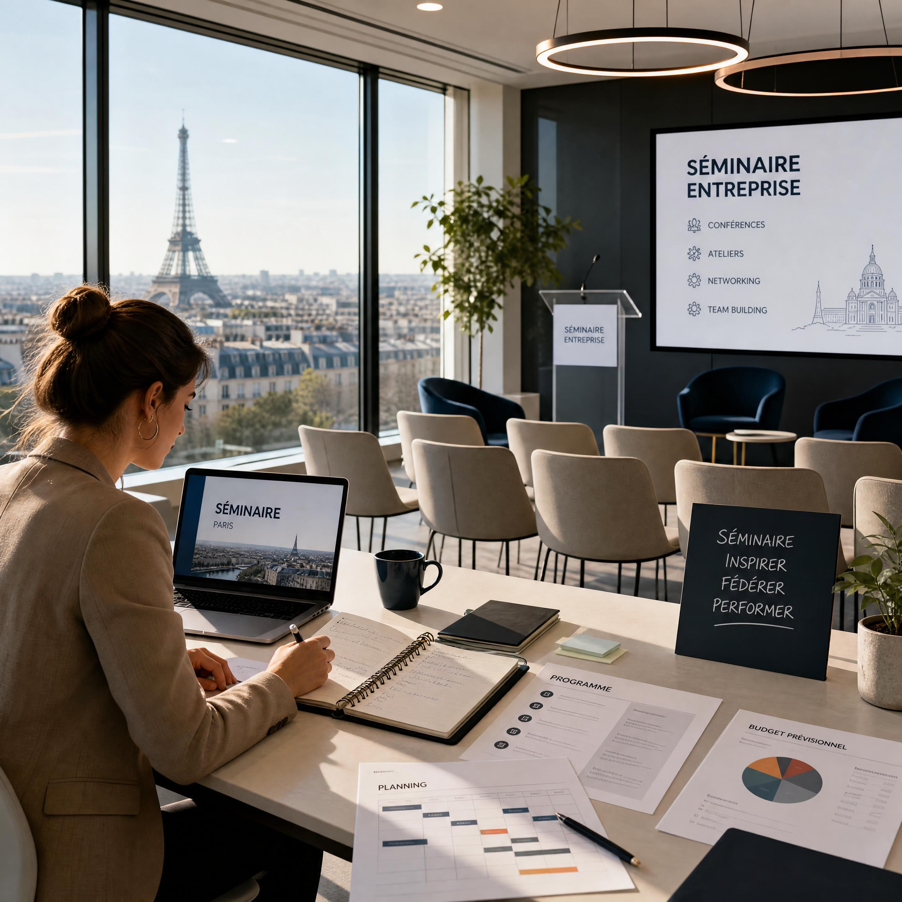 Organisateur d'événements d'entreprise planifiant un séminaire dans une salle à Paris moderne et lumineuse avec une vue sur la ville