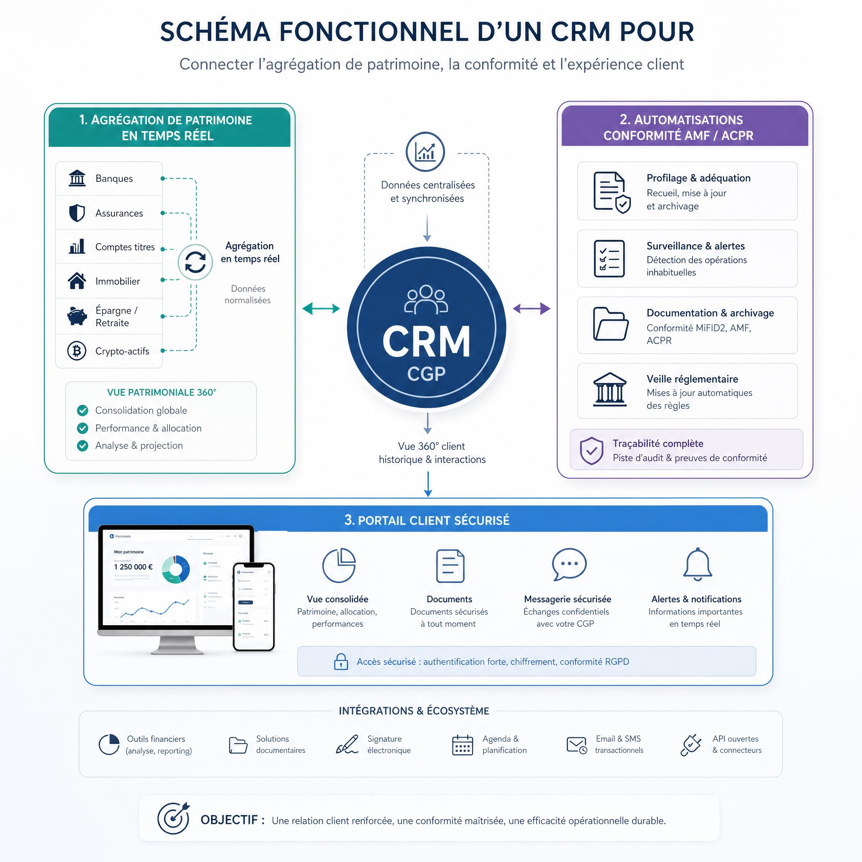Schéma fonctionnel d'un CRM pour CGP interconnectant l'agrégation de patrimoine en temps réel, les automatisations de conformité AMF/ACPR et le portail client sécurisé