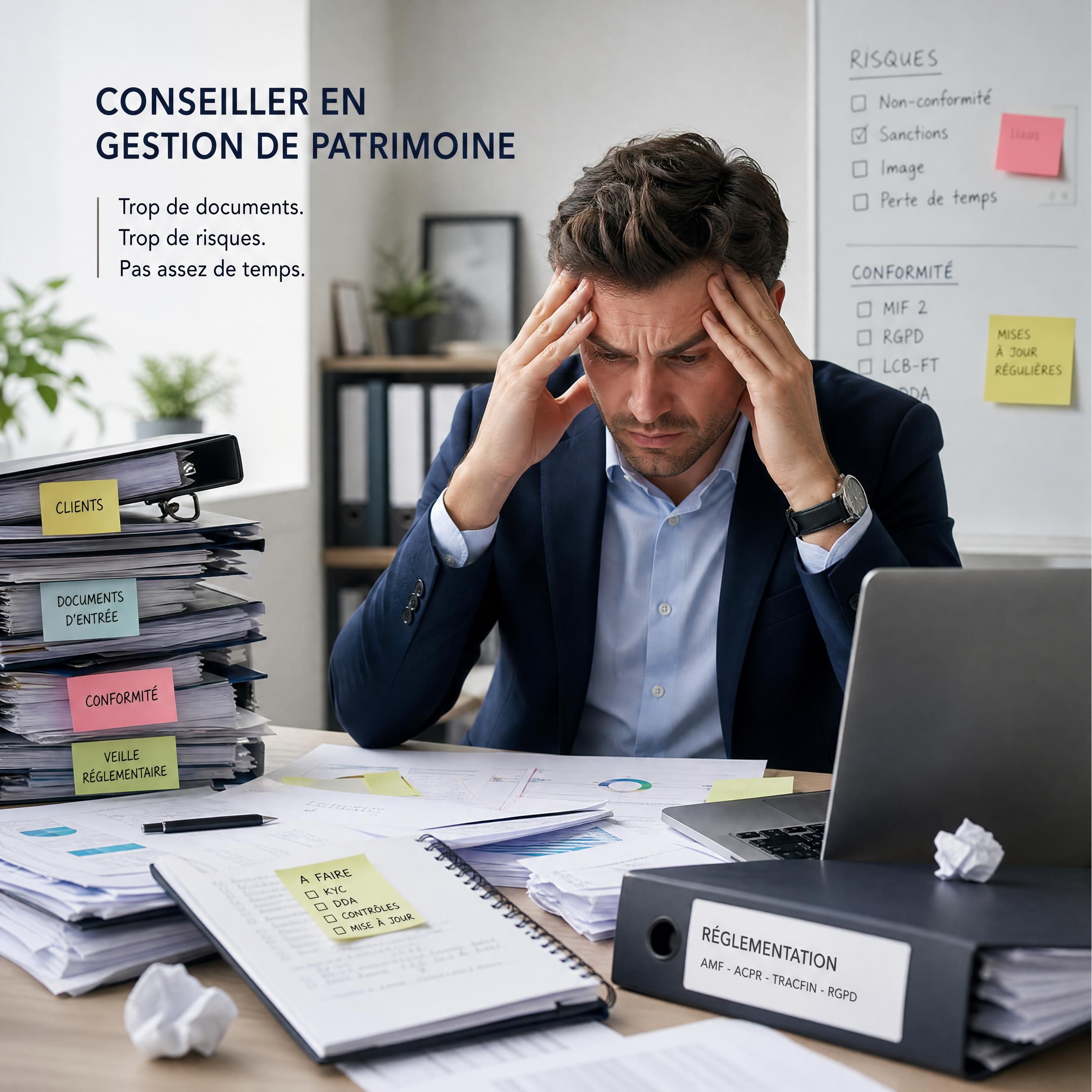 Un Conseiller en Gestion de Patrimoine frustré par l'éparpillement de ses documents et la gestion manuelle de sa conformité réglementaire