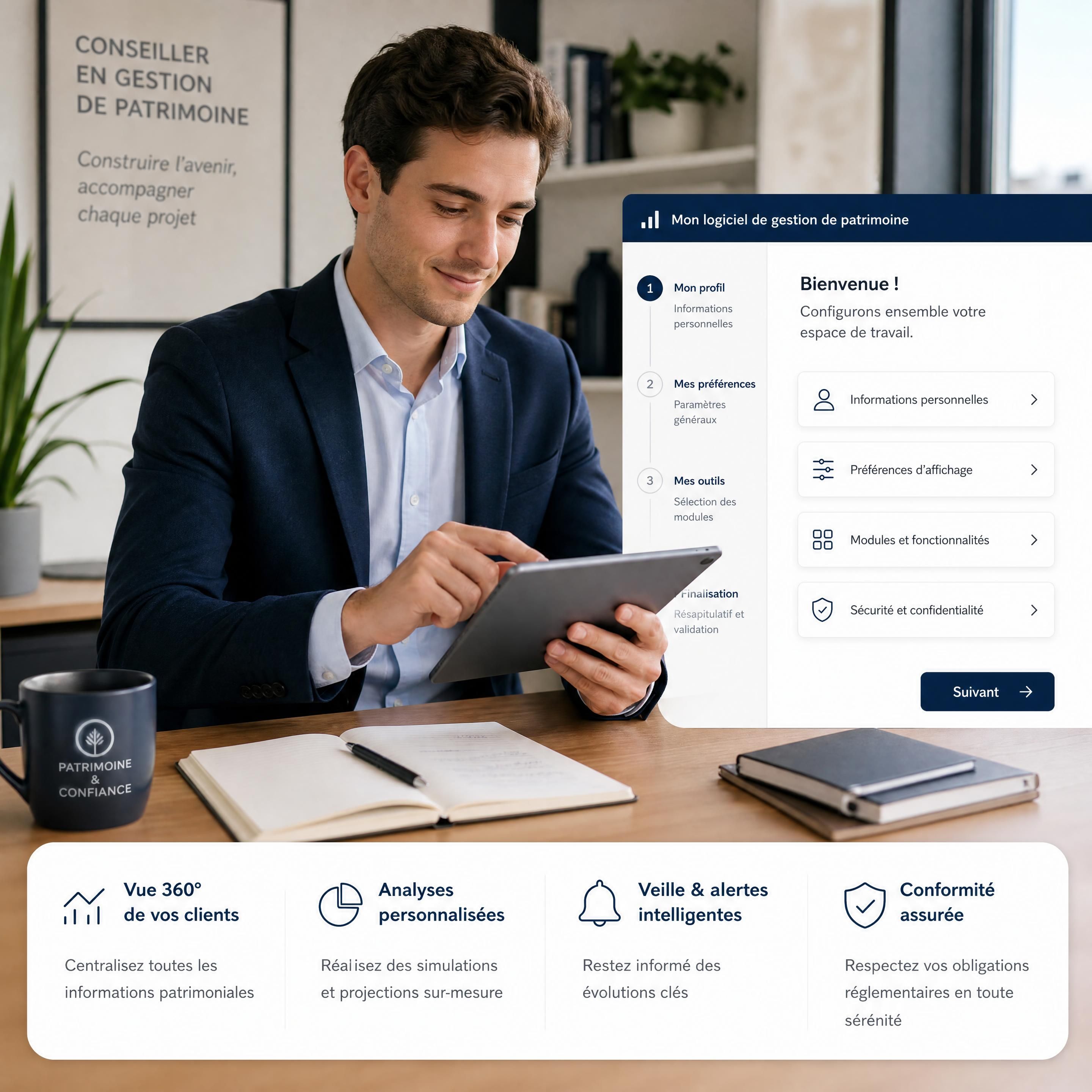 Un Conseiller en Gestion de Patrimoine débutant configurant sereinement son logiciel de gestion de patrimoine sur sa tablette