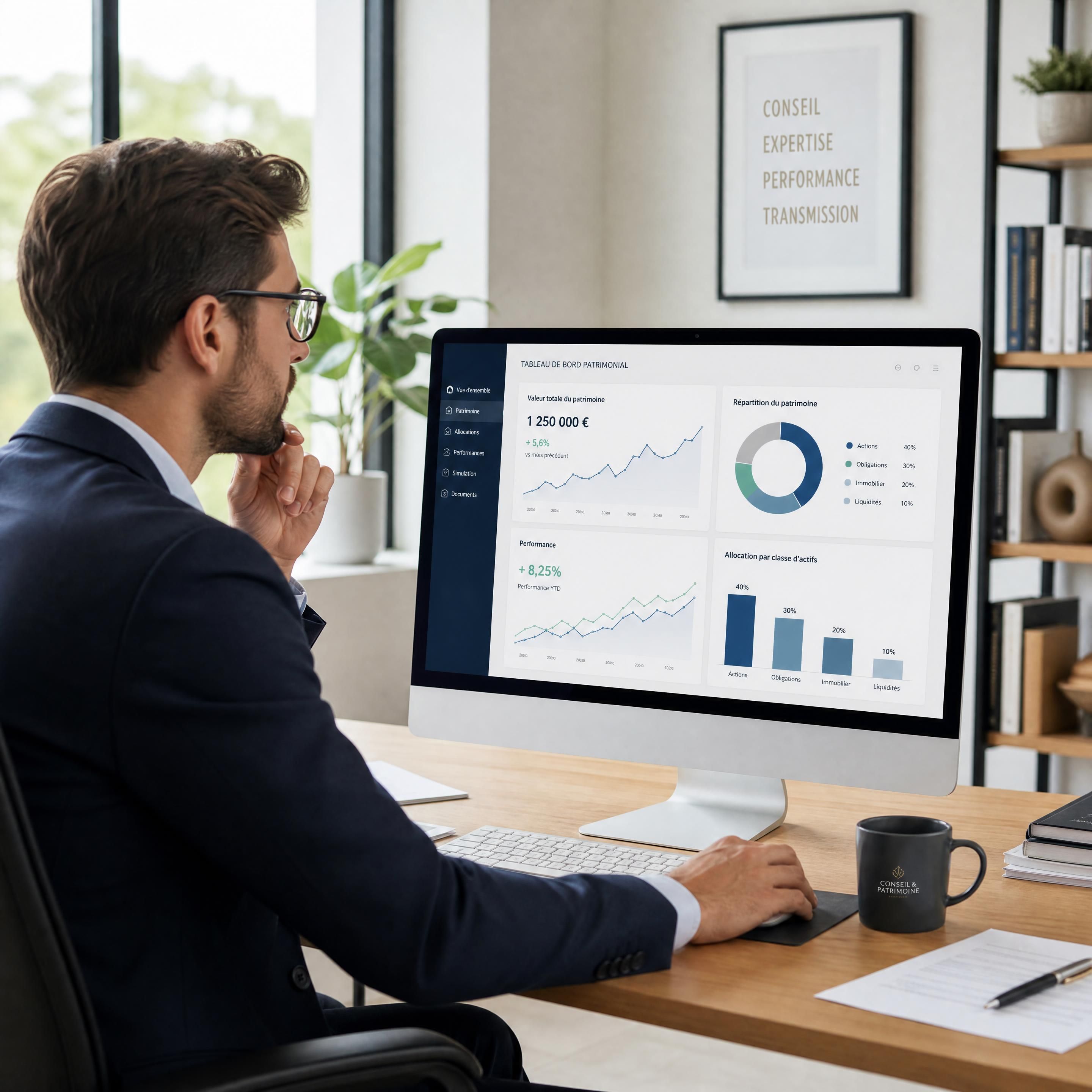 Un conseiller en gestion de patrimoine moderne analysant des graphiques financiers sur son écran d'ordinateur dans un bureau lumineux