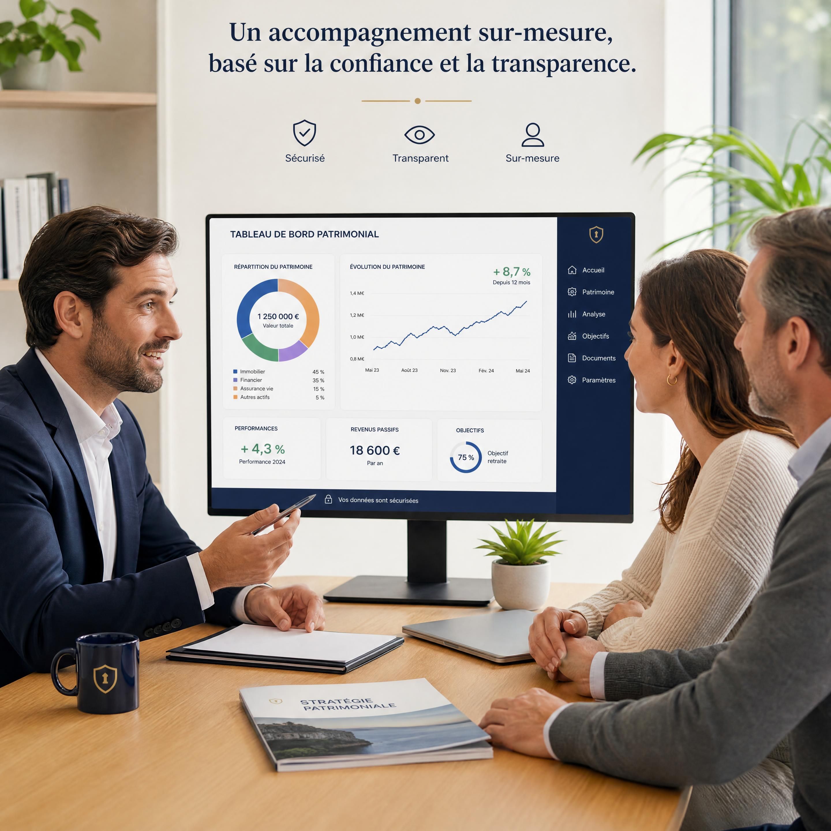 Conseiller en gestion de patrimoine échangeant avec un couple de clients autour d’un tableau de bord patrimonial sécurisé et transparent