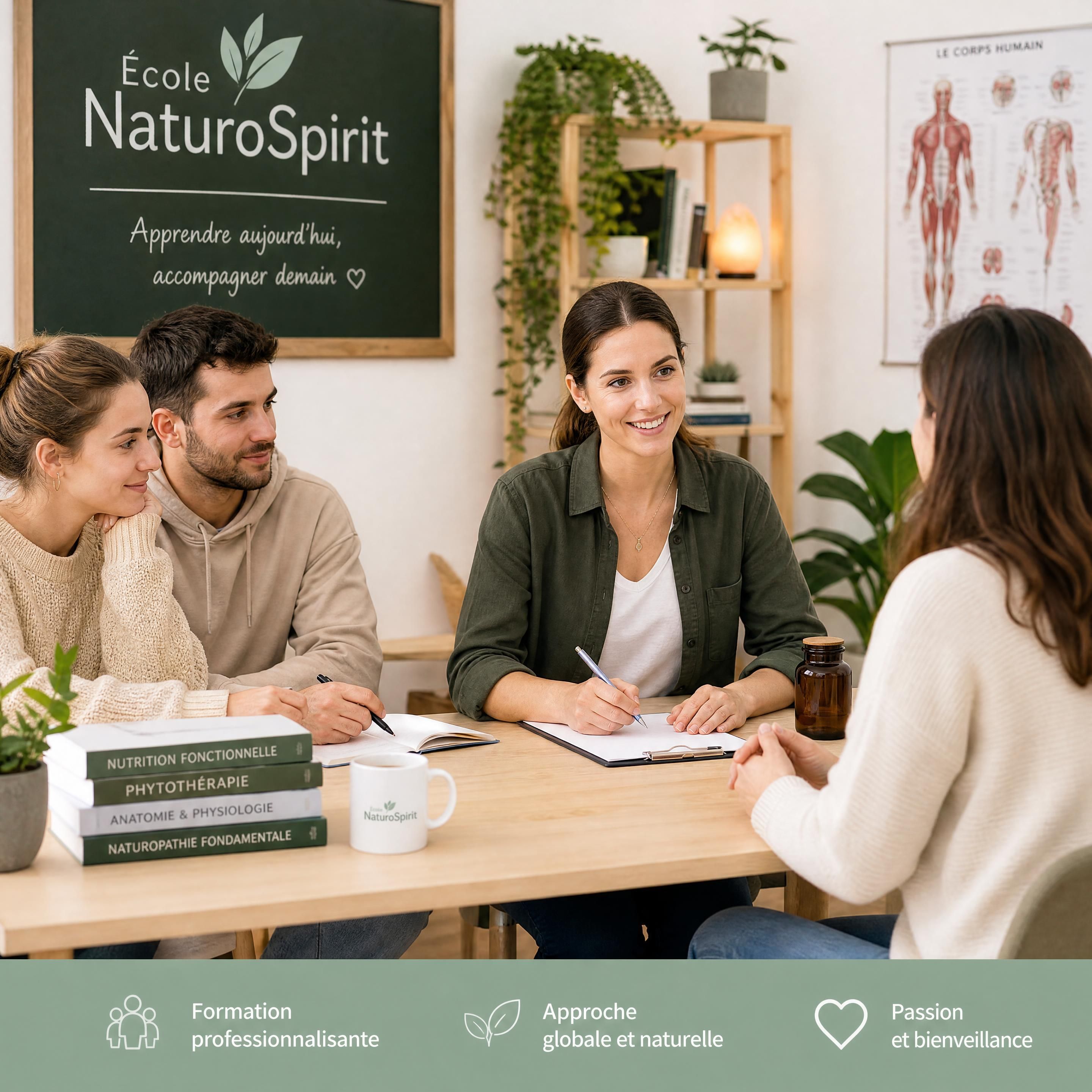 Groupe d’élèves de l’École NaturoSpirit participant à une mise en situation de consultation naturopathique lors d’une journée pratique