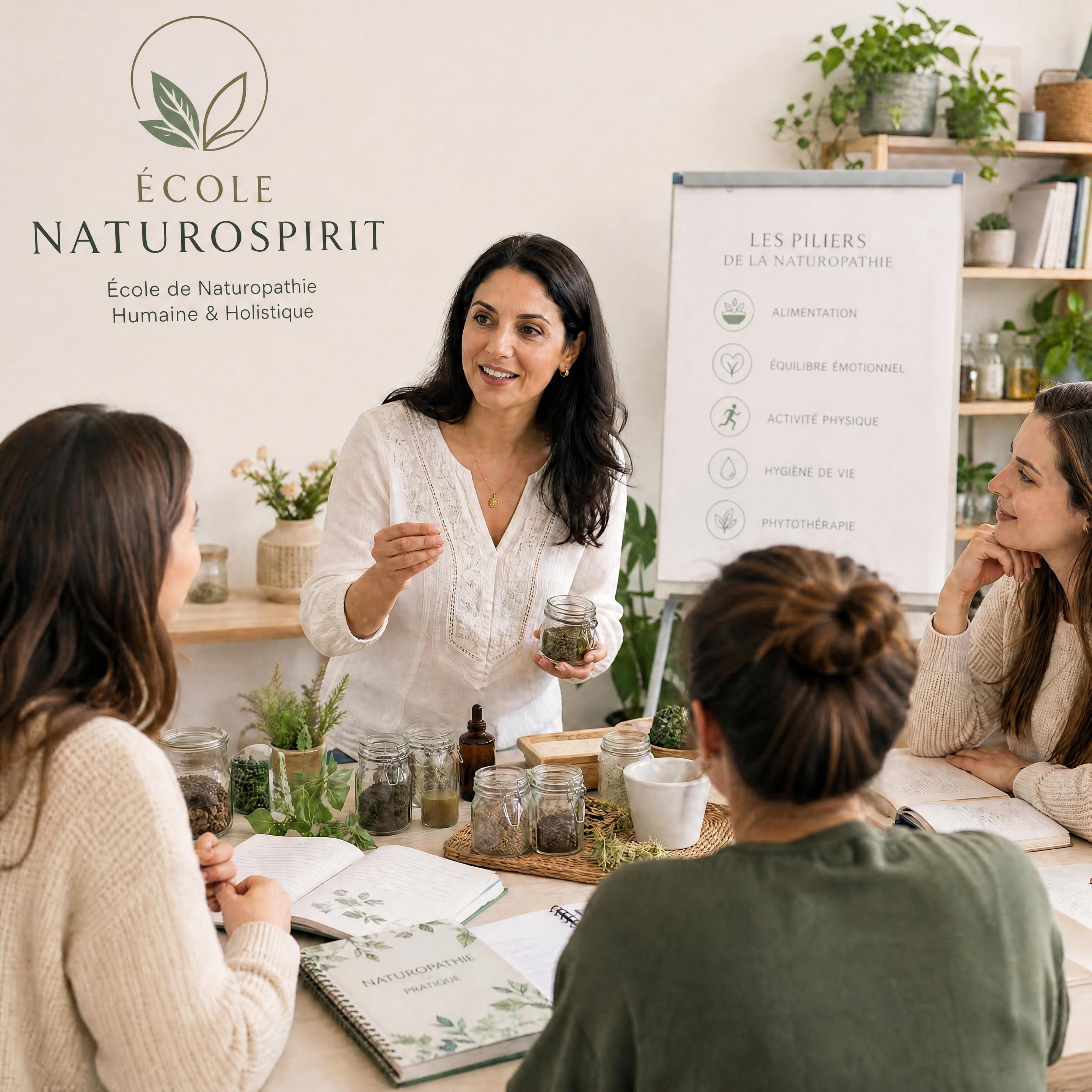 Aurélie Teffahi, fondatrice de l’École NaturoSpirit, échangeant avec des élèves lors d’un atelier pratique de naturopathie