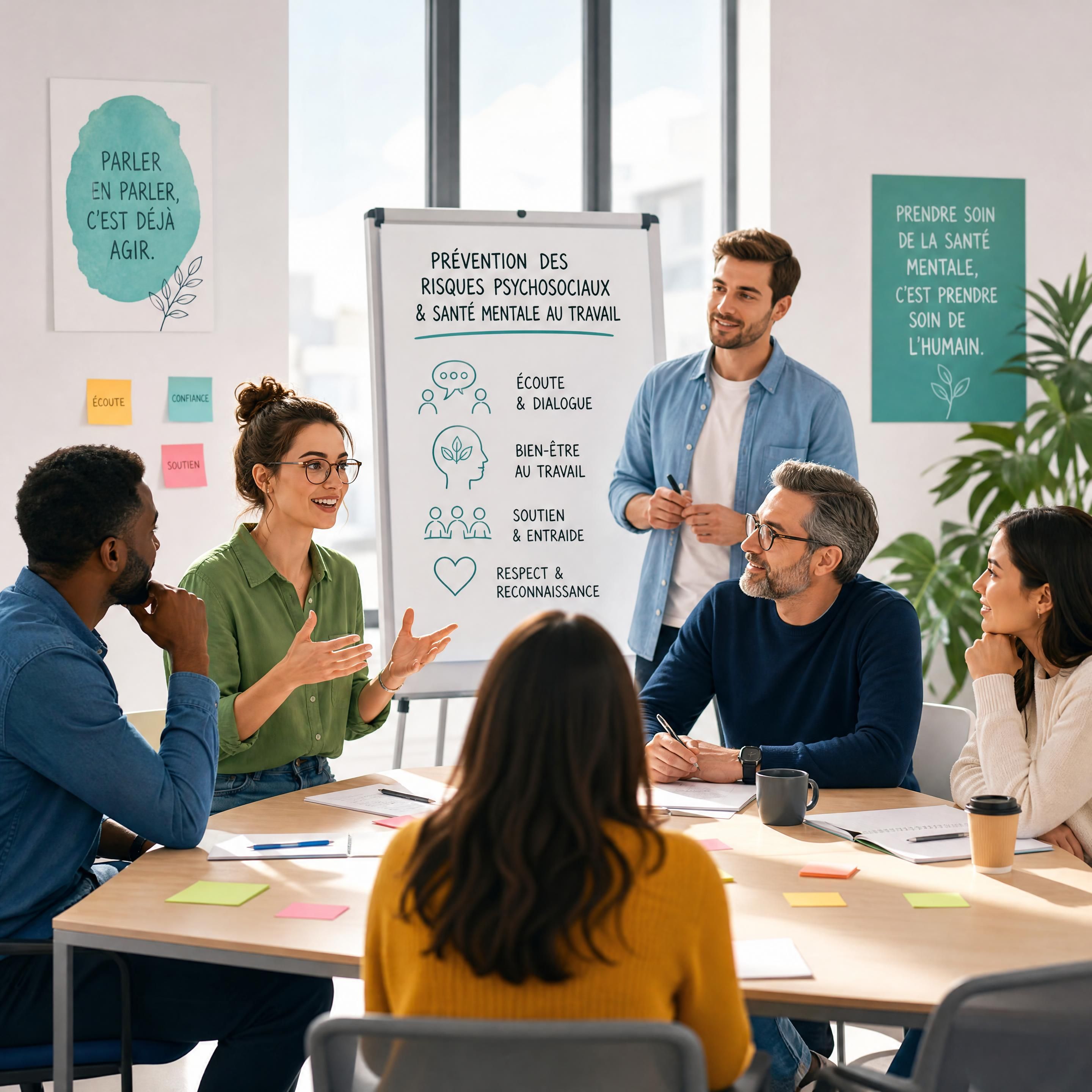 Collaborateurs échangeant de manière constructive lors d'un atelier sur la prévention des risques psychosociaux et la santé mentale au travail