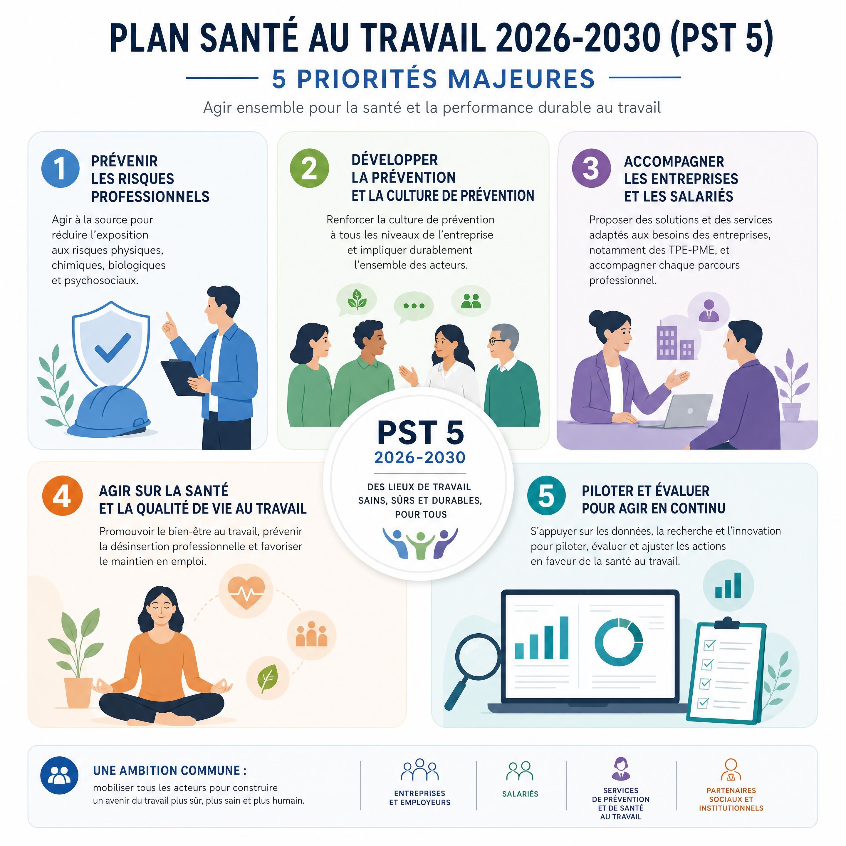 Infographie synthétique des 5 priorités majeures du Plan Santé au Travail 2026-2030 (PST 5)