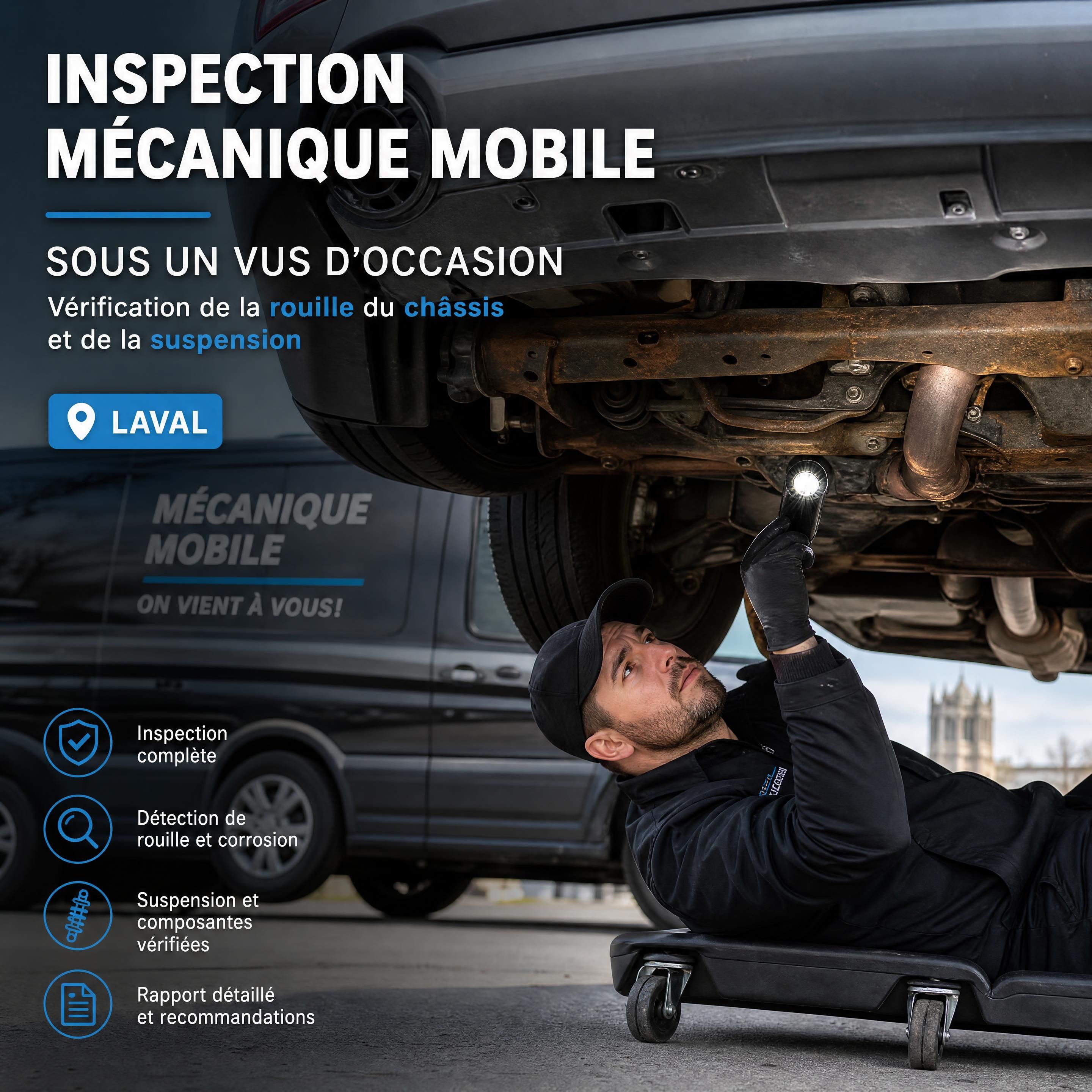 Mobile mechanical inspection of a used SUV in Laval to check for rust on the frame and suspension