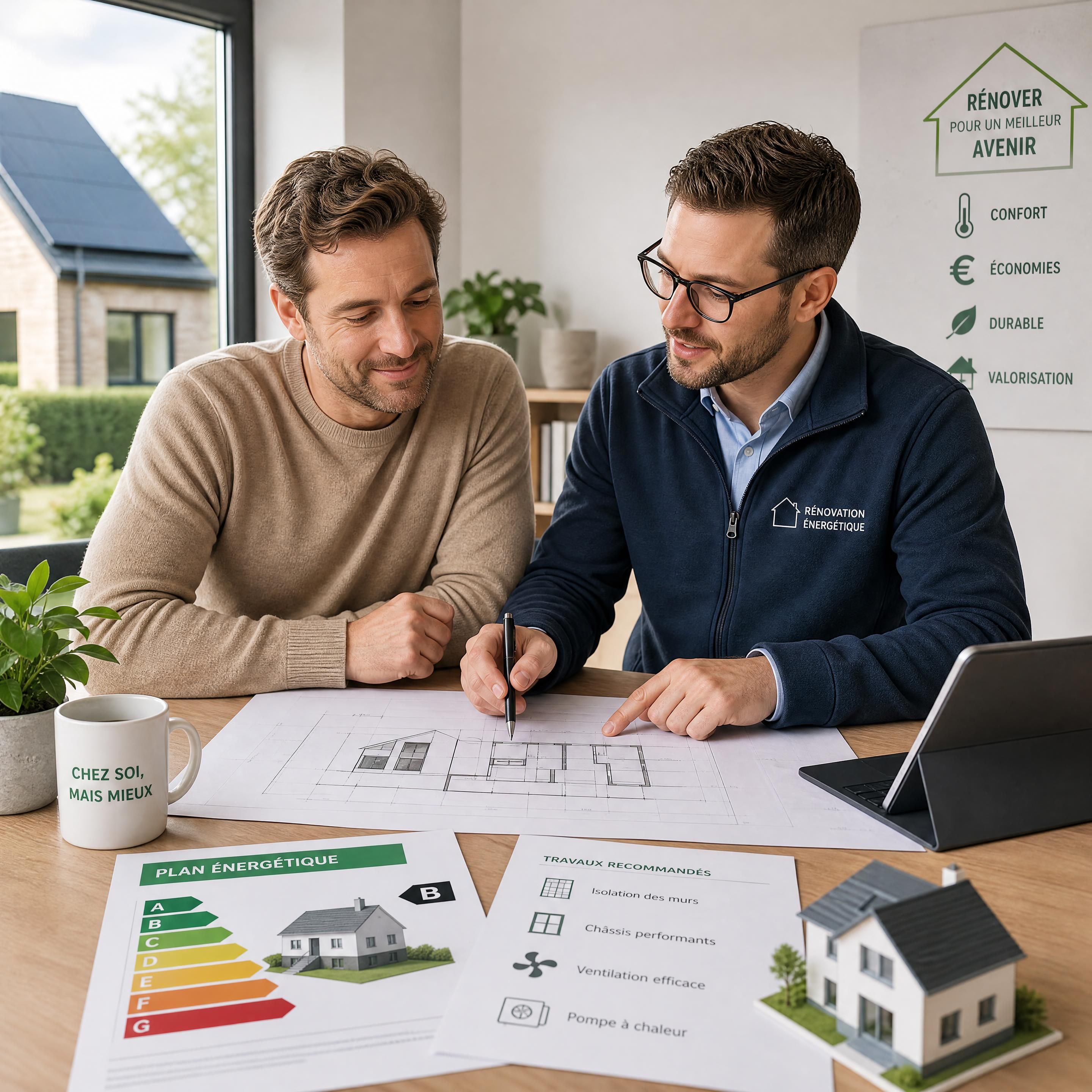 Un propriétaire belge serein collaborant avec un expert en rénovation pour analyser les plans énergétiques de sa maison