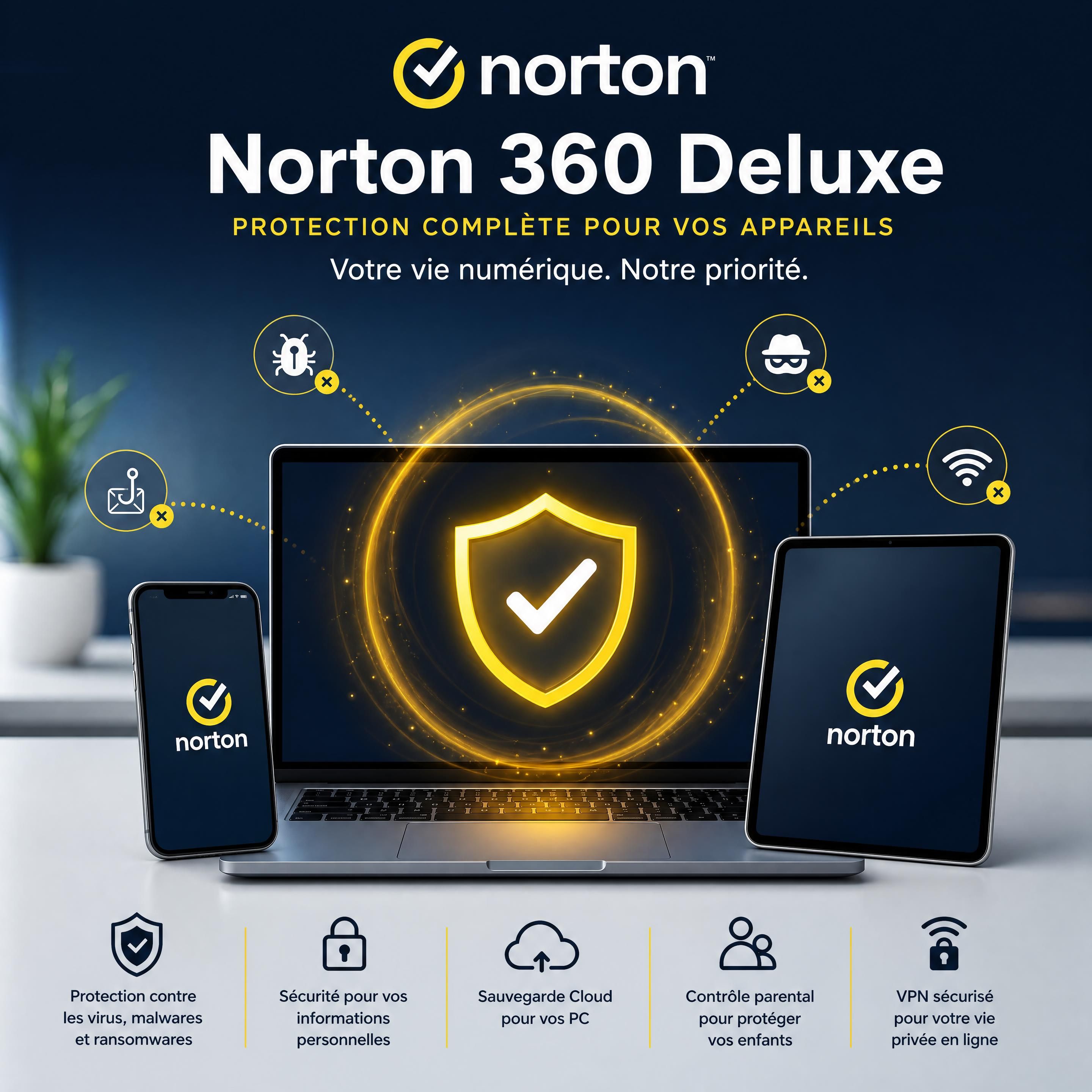 Norton 360 Deluxe protégeant un ordinateur portable, un smartphone et une tablette contre les cybermenaces