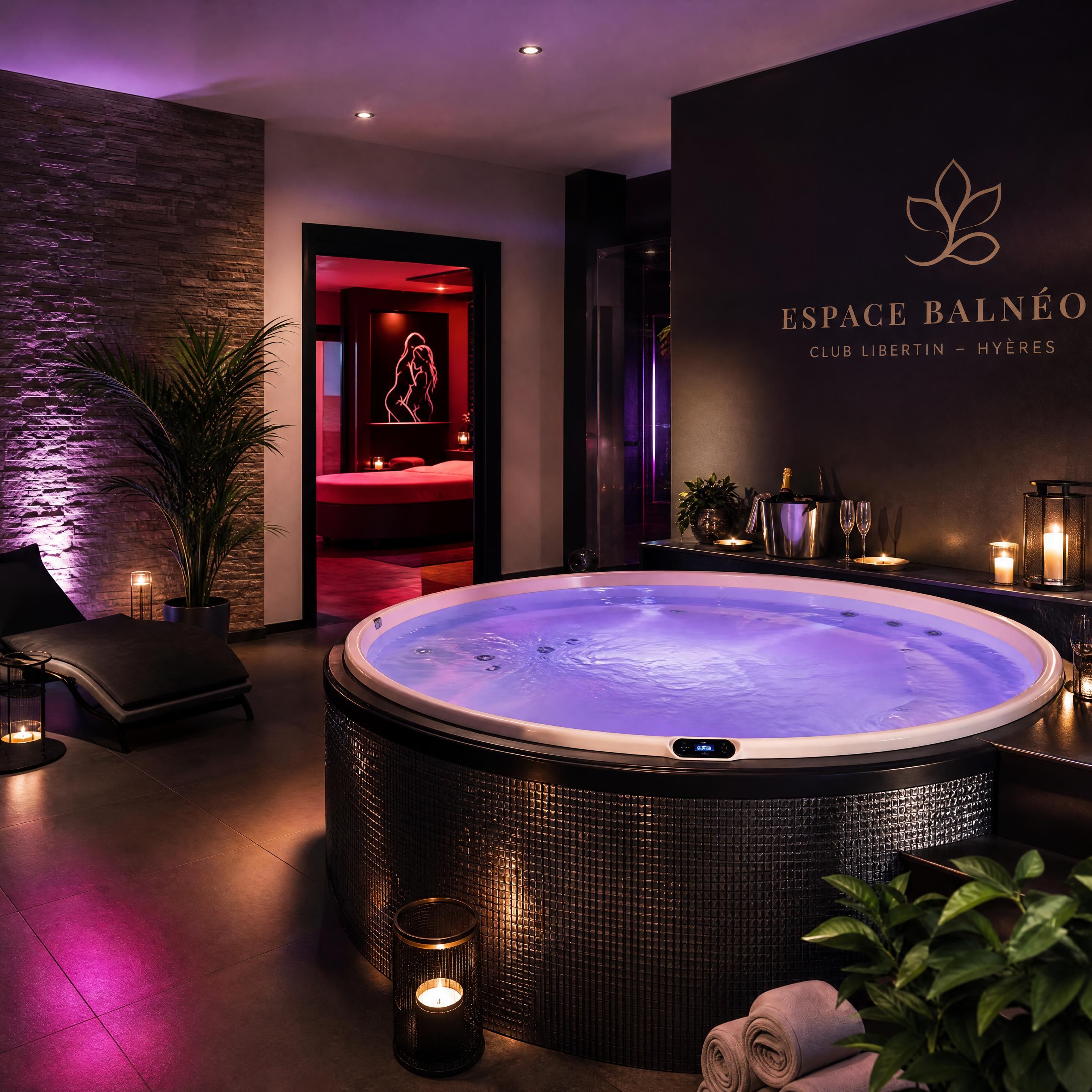 espace balnéo haut de gamme avec jacuzzi et lumière tamisée dans un club libertin à Hyères, Var