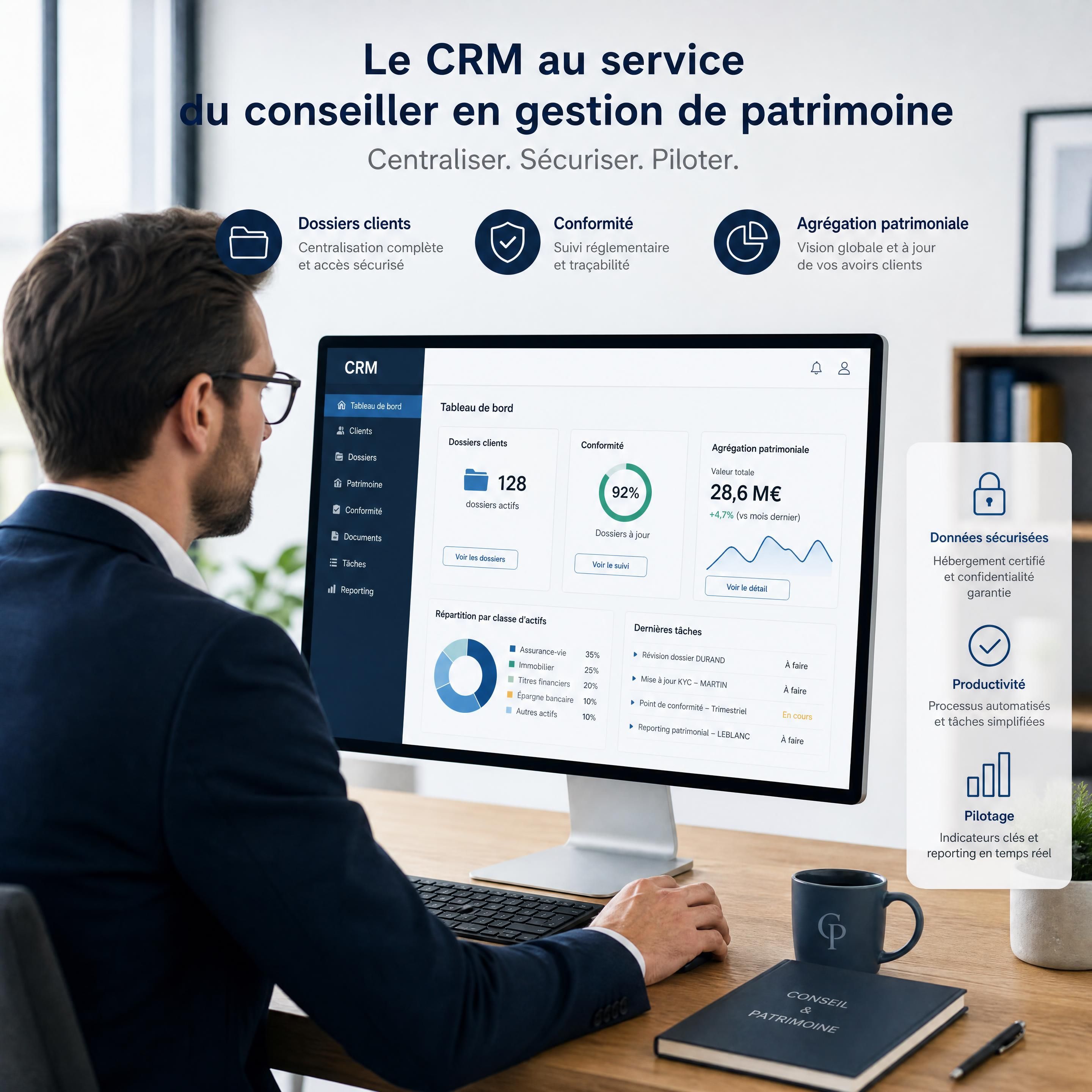 Conseiller en gestion de patrimoine utilisant un CRM pour centraliser dossiers clients, conformité et agrégation patrimoniale