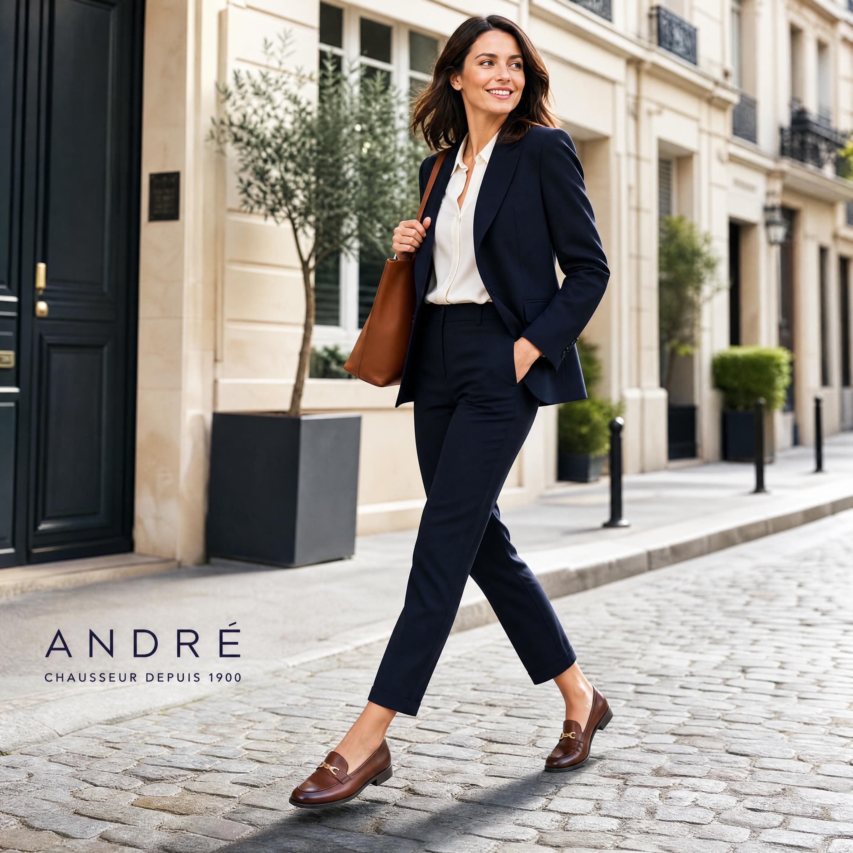 Une femme active en costume élégant marchant d'un pas dynamique dans une rue pavée, portant des mocassins en cuir de la marque André